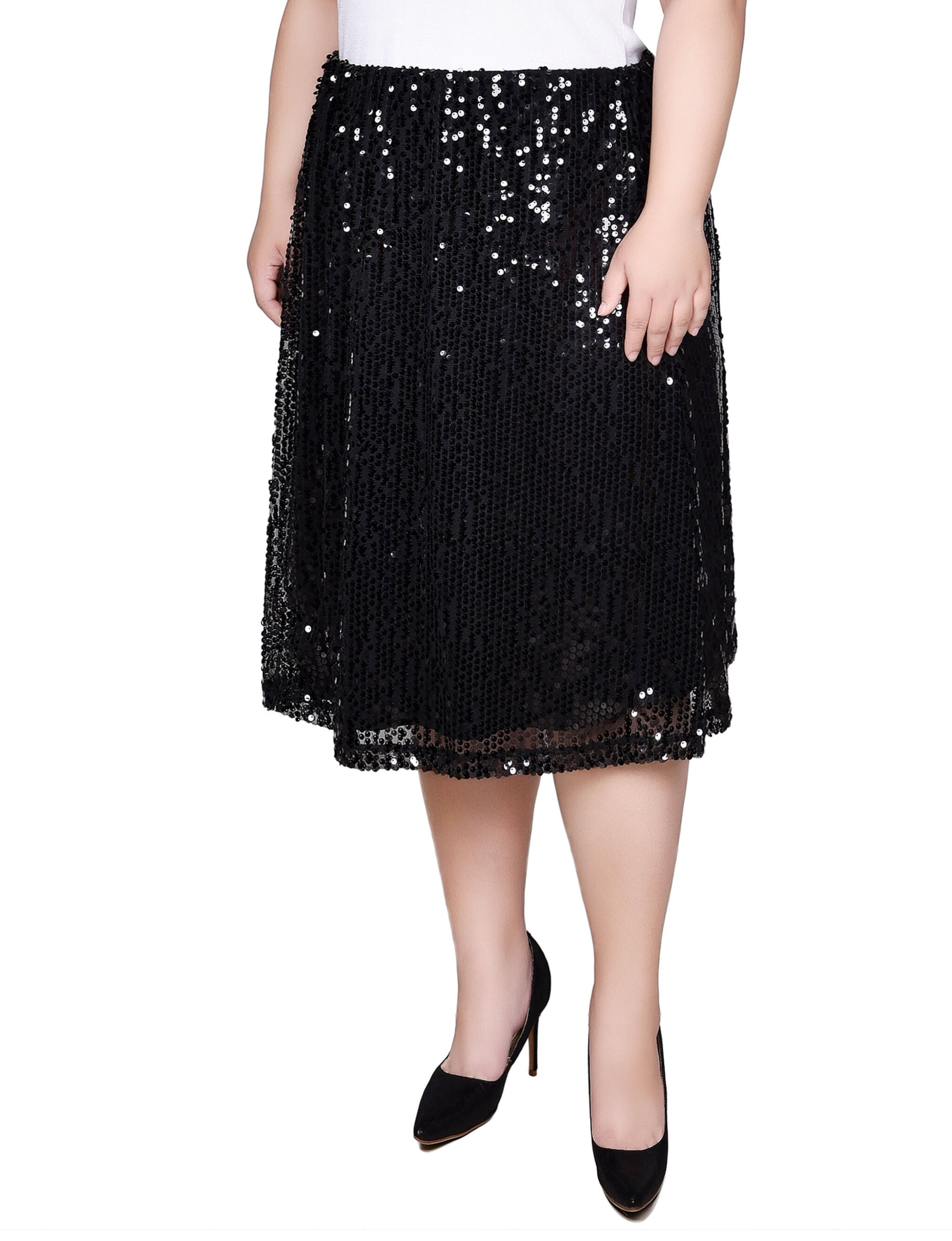 Knee Length Sequined Skirt, Black, alternate image number 2