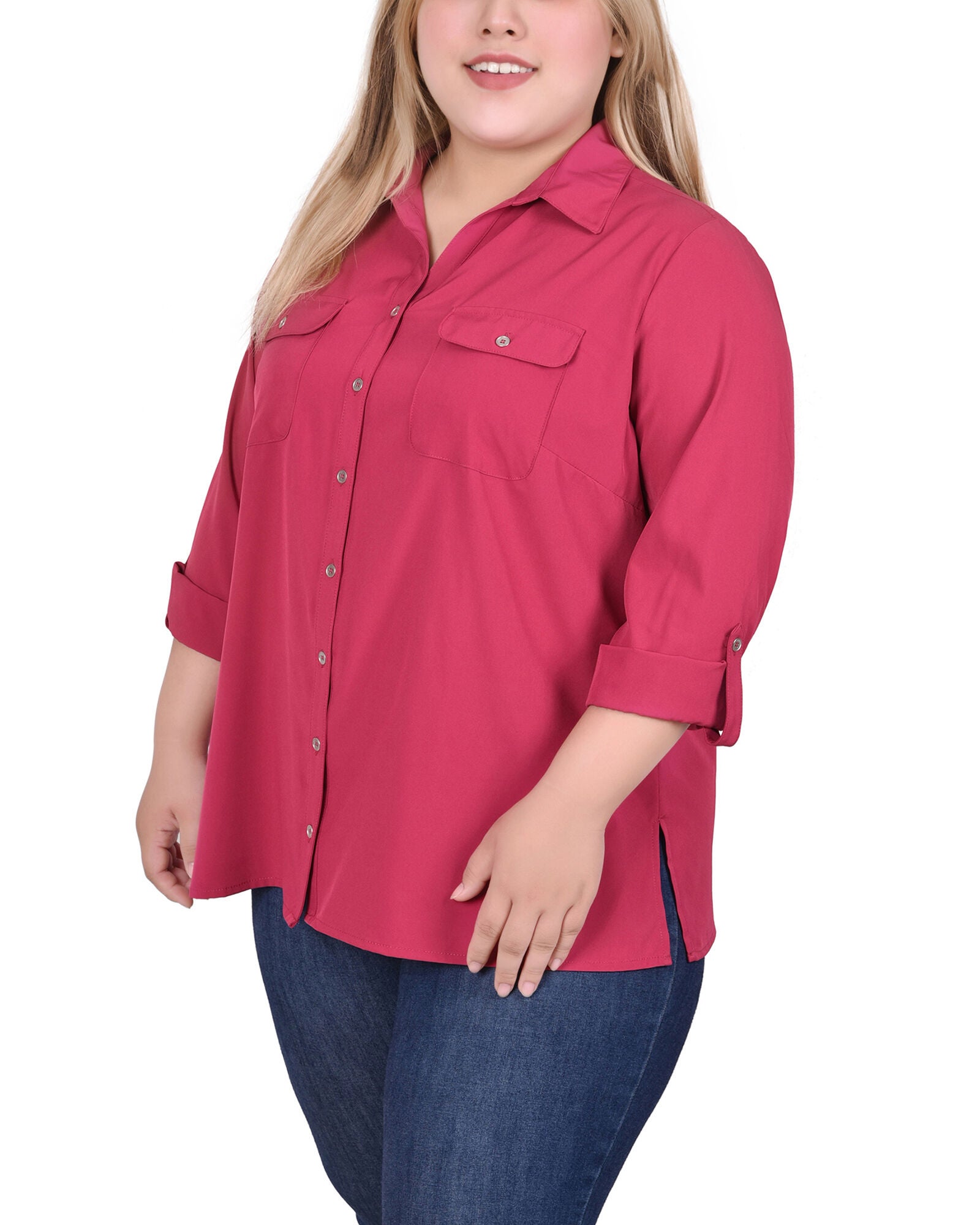 3/4 Roll Tab Blouse With Pockets, Sangria, alternate image number 1