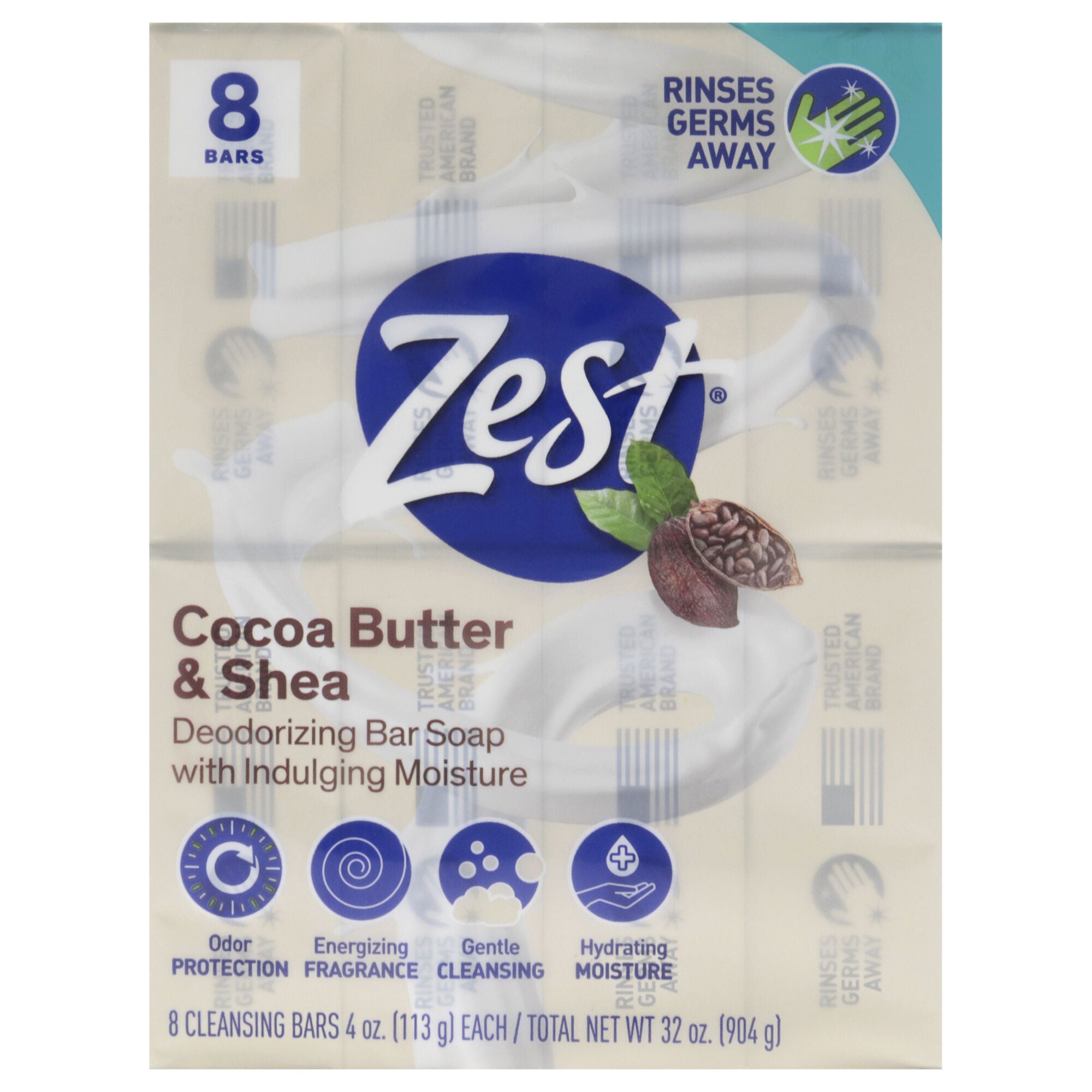 Deodorant Bar Soap - Cocoa Butter and Shea by Zest for Women - 8 x 4 oz Bar Soap, See Description, hi-res image number 0