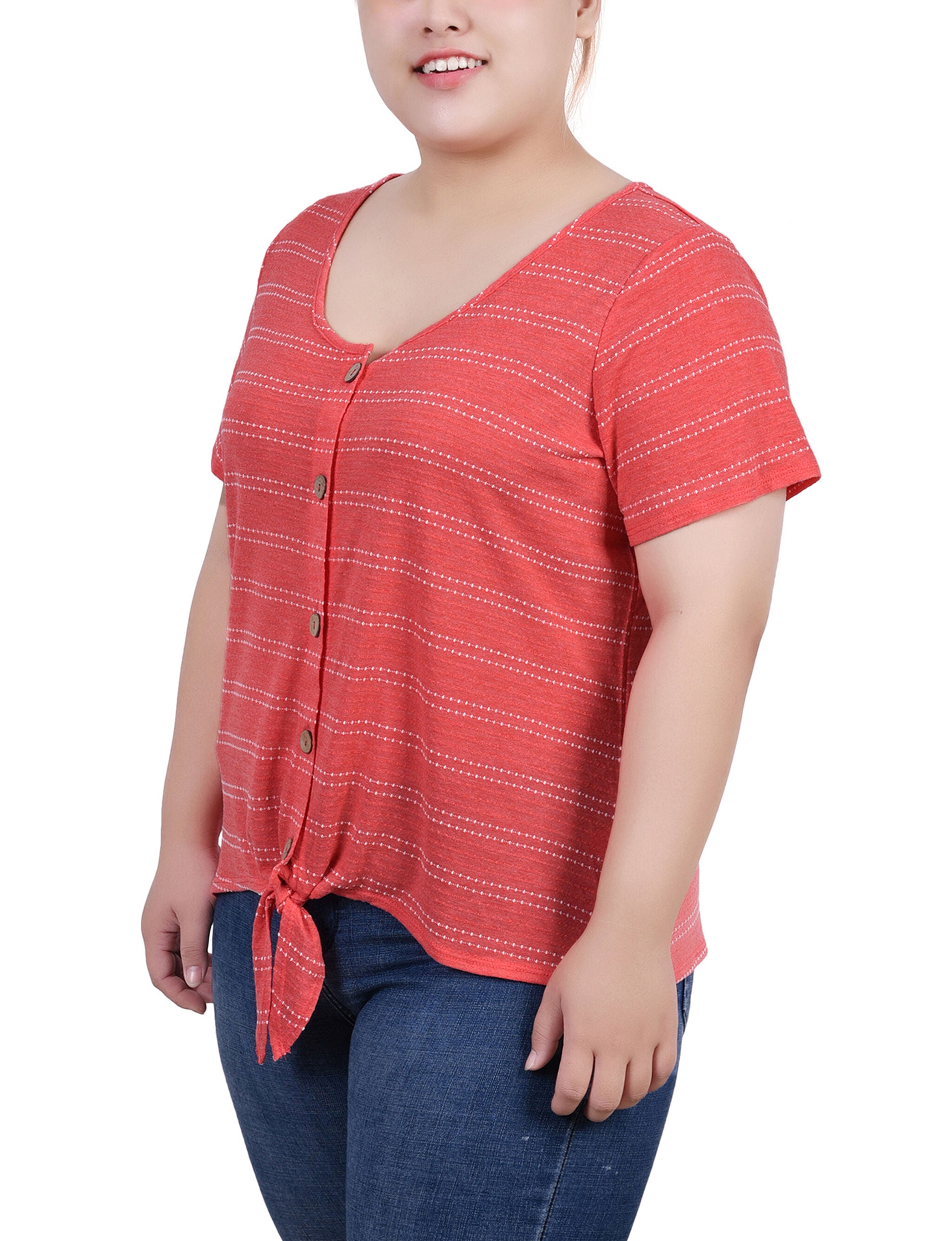 Short Sleeve Tie Front Top, Red, alternate image number 1