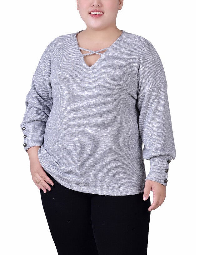 Long Sleeve Criss Cross Neck Pullover Top, LightGrey, hi-res image number 0