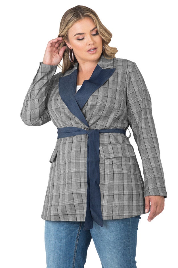 Women's Plus Size Plaid Wrap Blazer with Tencel Trim, , alternate image number 2