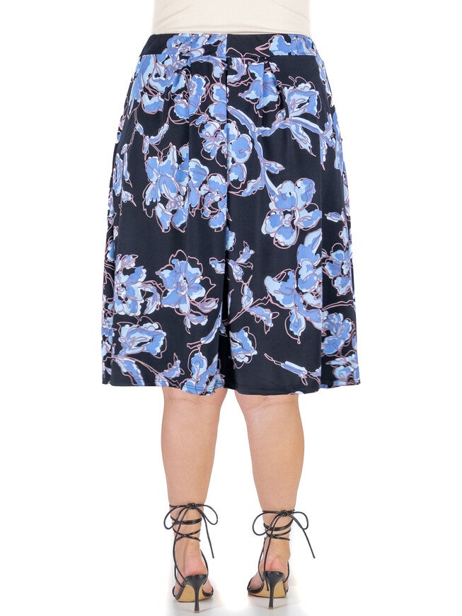 Black Floral Pleated Knee Length Plus Size Pocket Skirt, , alternate image number null