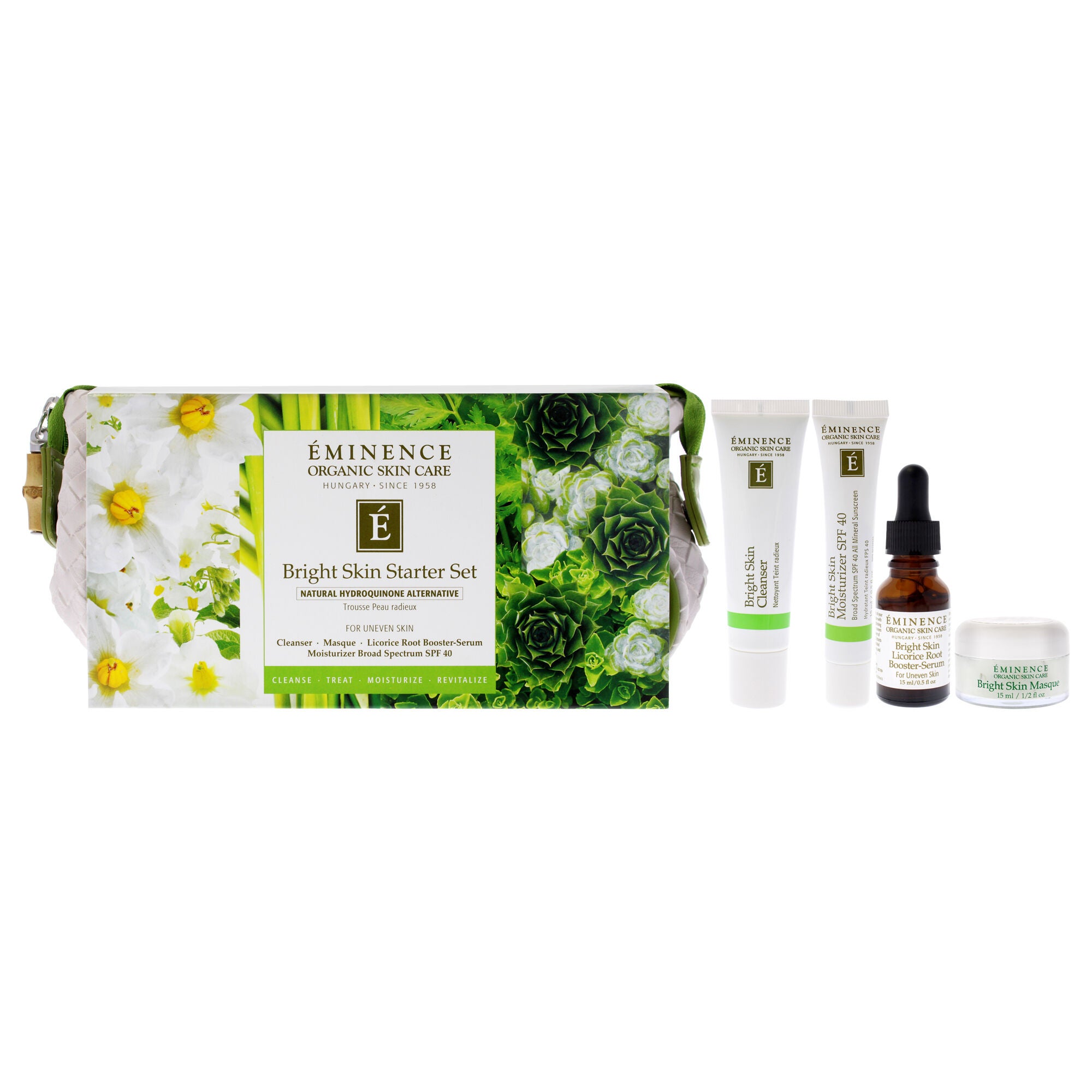 Bright Skin Starter Set by Eminence for Unisex - 5 Pc 1oz Bright Skin Cleanser, 0.5oz Bright Skin Masque, 0.5oz Bright Skin Licorice Root Booster-Serum, 0.5oz Bright Skin Moisturizer SPF 40, Cosmetic Bag, Multi, hi-res image number 0