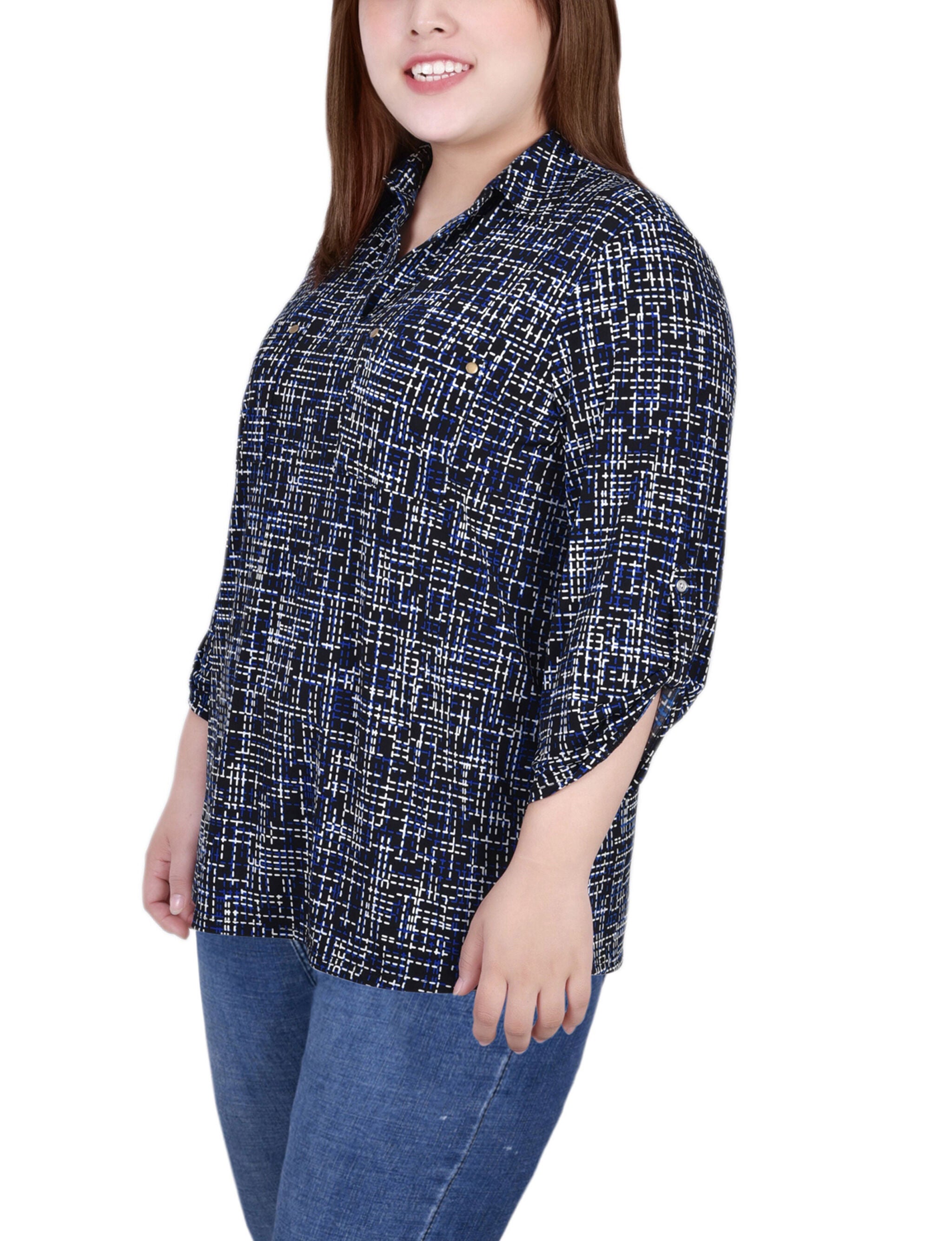 3/4 Roll Tab Sleeve Studded Y Neck Top, Royal Abstract, alternate image number 1