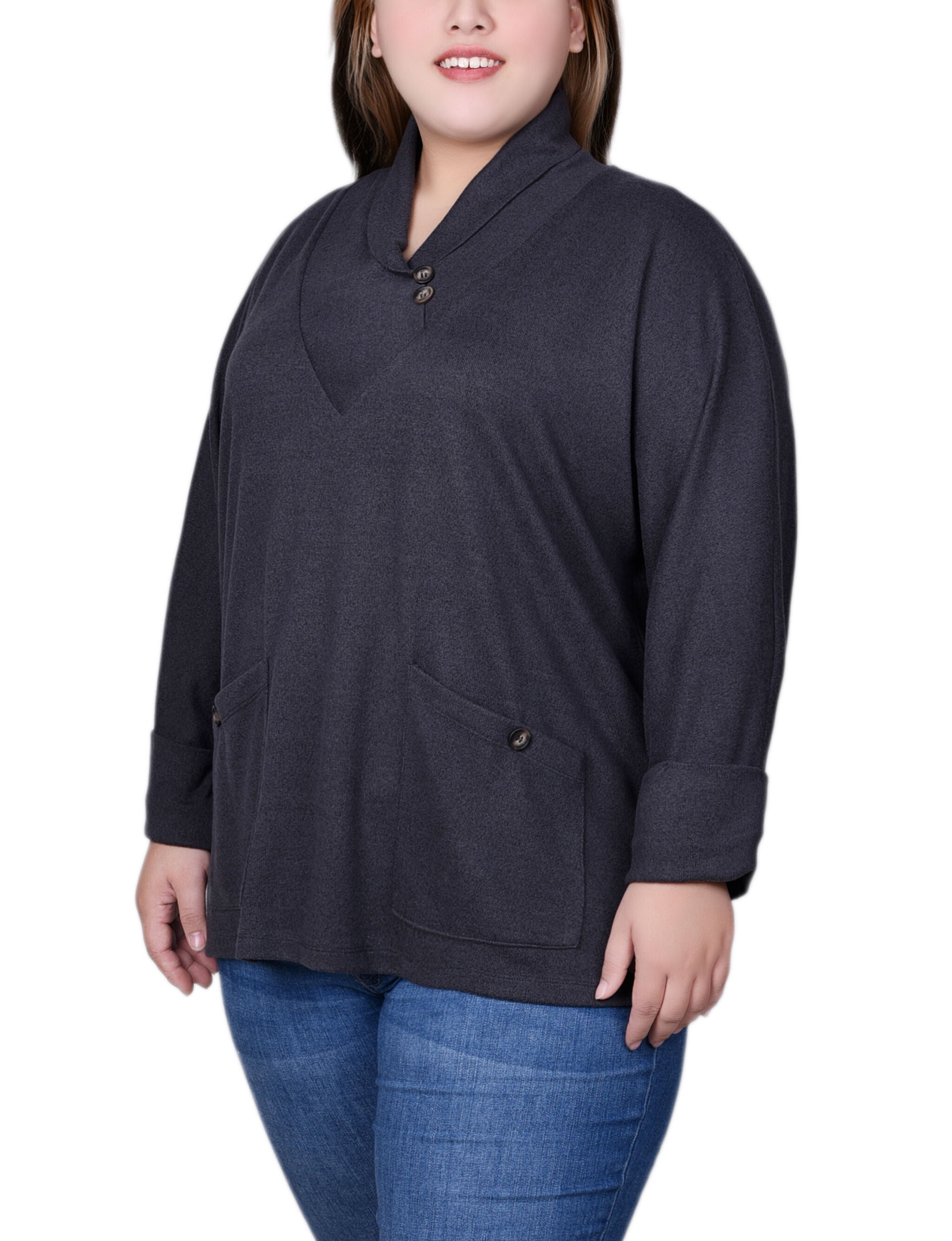 Long Sleeve Shawl Collar Top With Pockets, , alternate image number 4