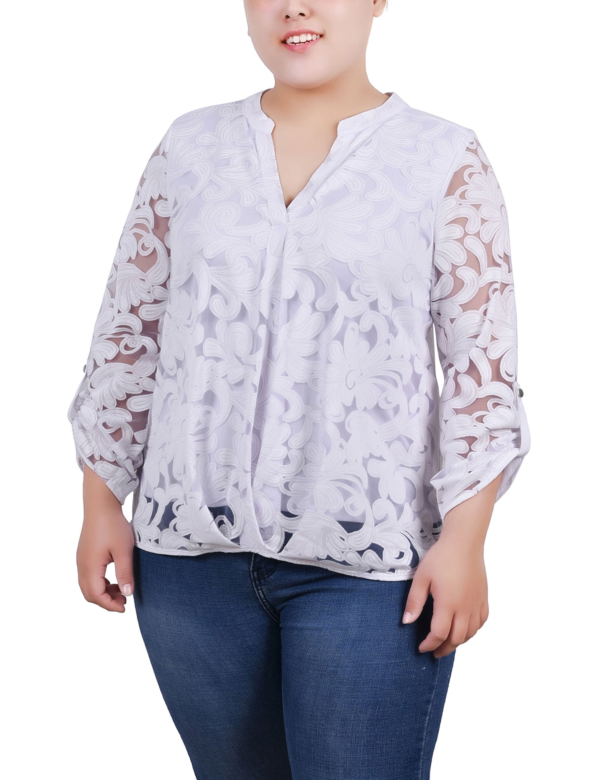 Long Sleeve Burnout Y Neck Blouse, White Scrolleaf, hi-res image number 0