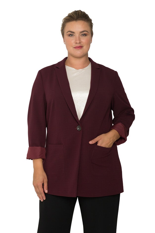 Plus Size Women's Boyfriend Blazer Jacket, Burgundy, hi-res image number 0