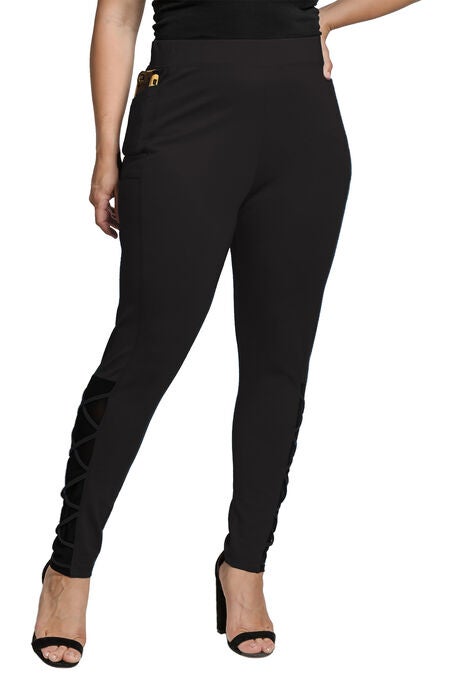 Women's Plus Size Mesh up Ponte Leggings with Calf Criss-Cross, Black, hi-res image number null