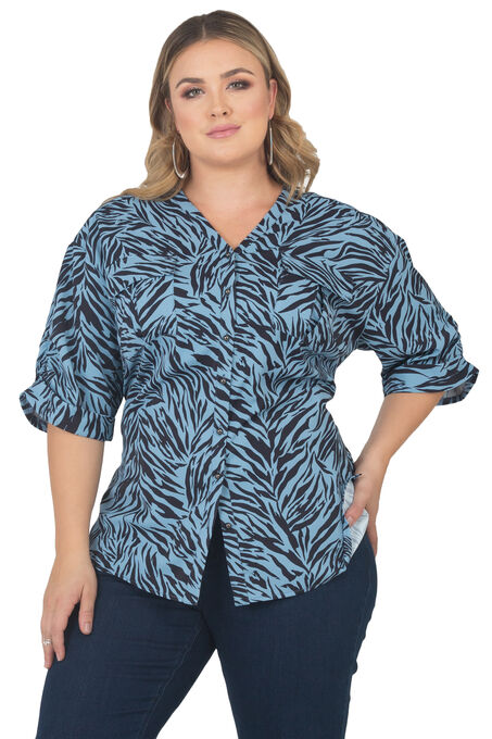 Women's Plus Size button-front shirt V-Neck Rolled 3/4 Sleeve, Zebra Fever, hi-res image number null