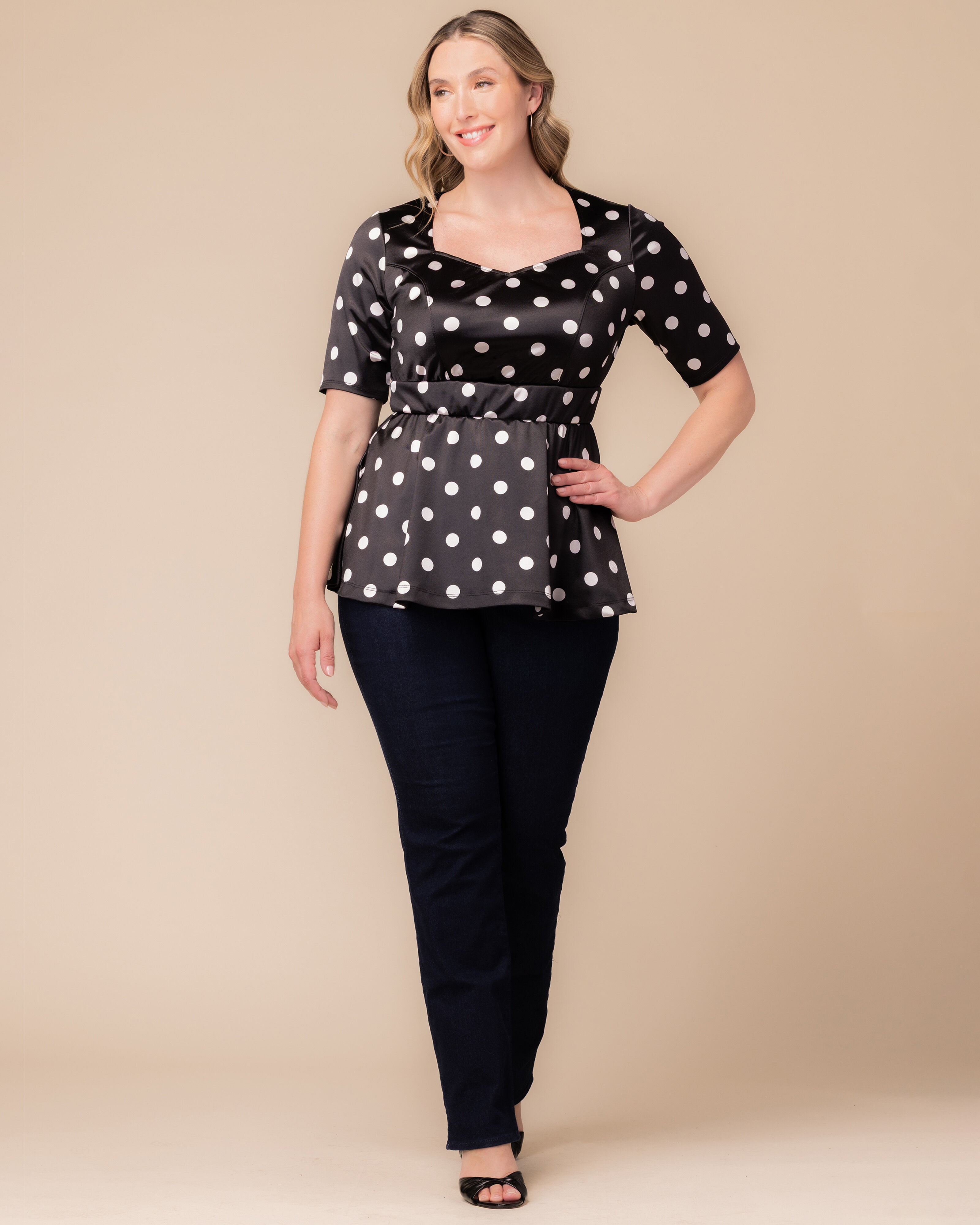 Posh Peplum Top, BLACK POLKA DOT / Black, alternate image number 4