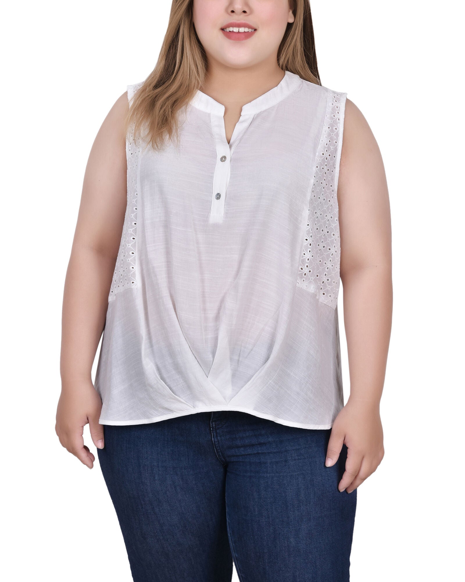 Sleeveless Blouse With Eyelet Insets, White, hi-res image number 0