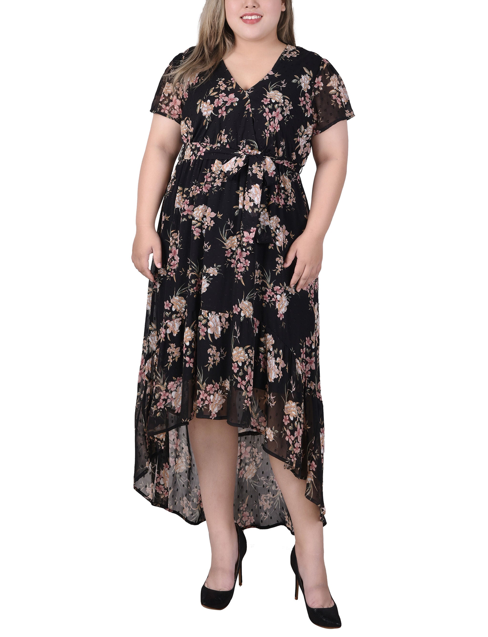 Short Sleeve Hankerchief Hem Chiffon Dress, Black Mauve Floral, hi-res image number 0