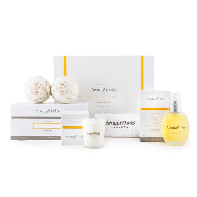 Serenity Body Indulgence Set by Aromaworks for Unisex - 5 Pc 3.4oz Body Oil, 2.65oz Candle, 2 x 8.8oz Serenity AromaBomb, White Aromaworks Flannel, See Description, hi-res image number 0