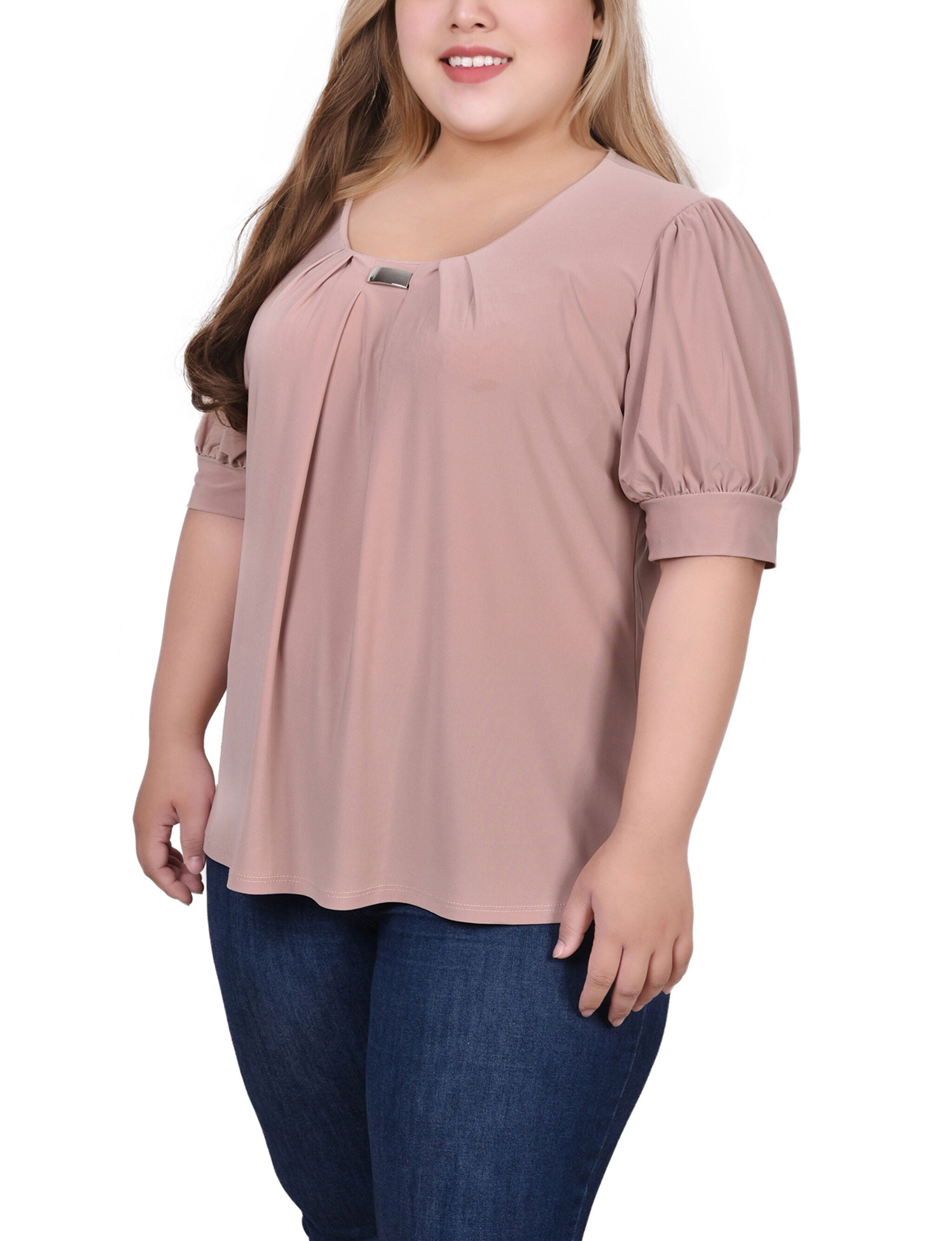 Short Sleeve Balloon Sleeve Top With Hardware, Oxford Tan, alternate image number 1