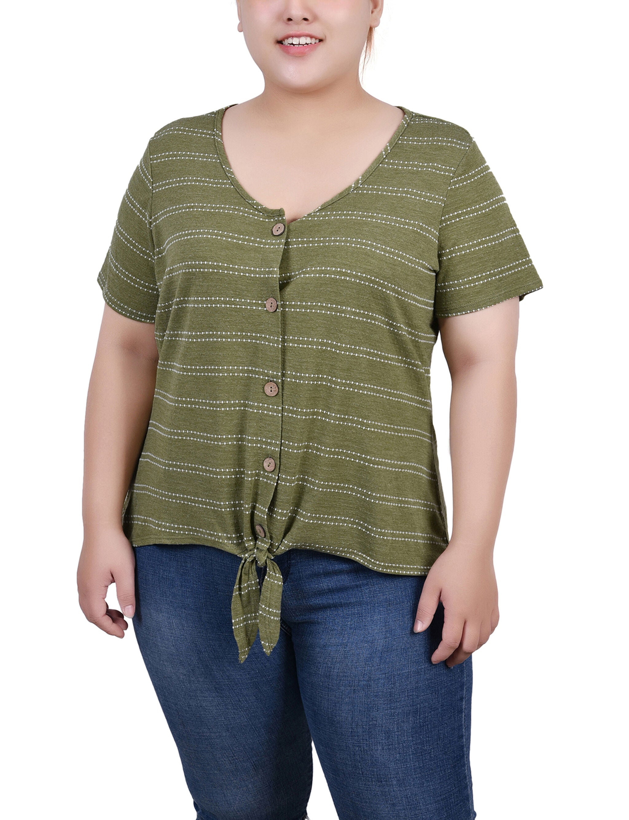 Short Sleeve Tie Front Top, Olive, hi-res image number 0