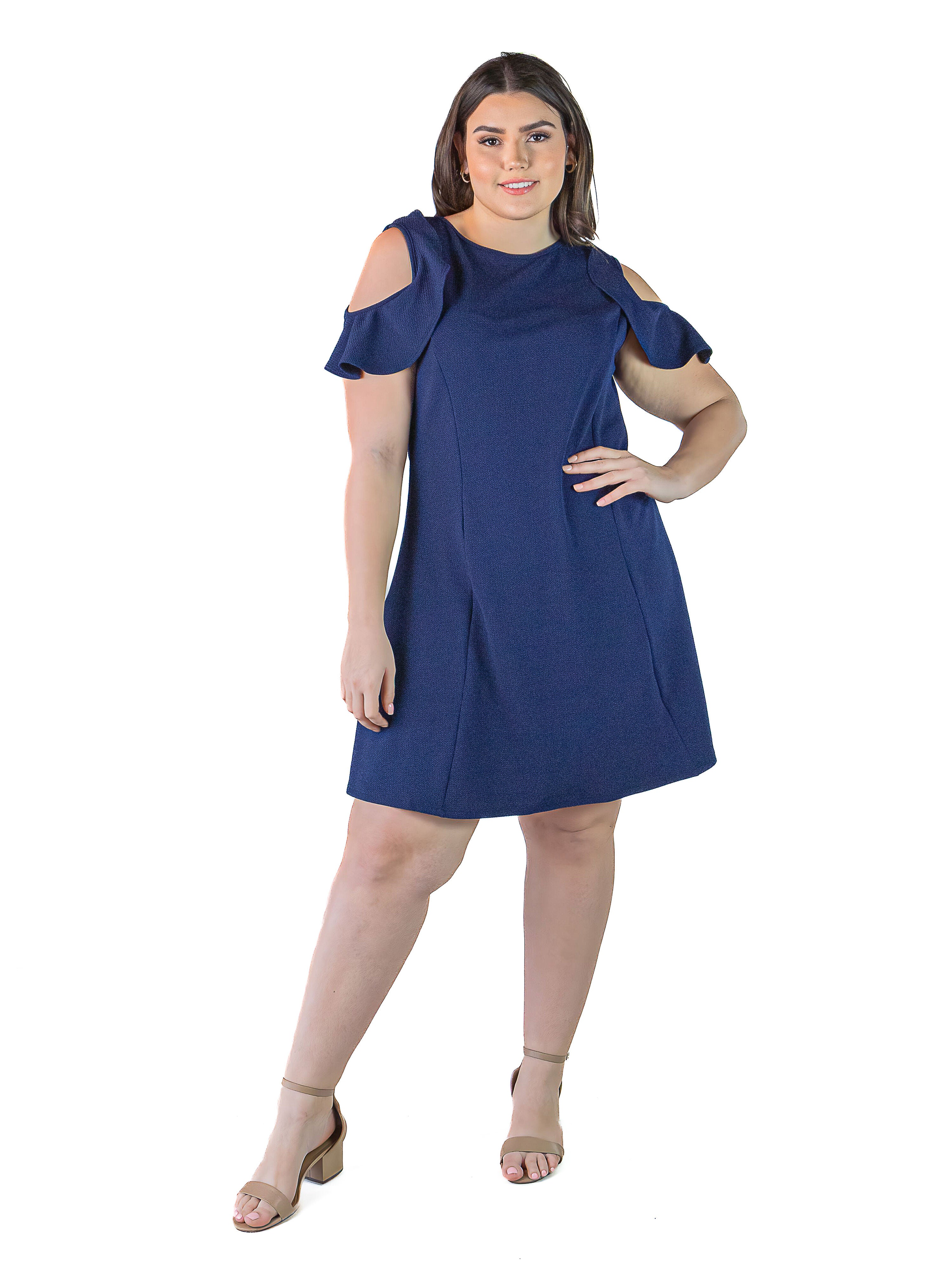 Plus Size Ruffle Cold Shoulder A Line Knee Length Dress, Navy, hi-res image number 0