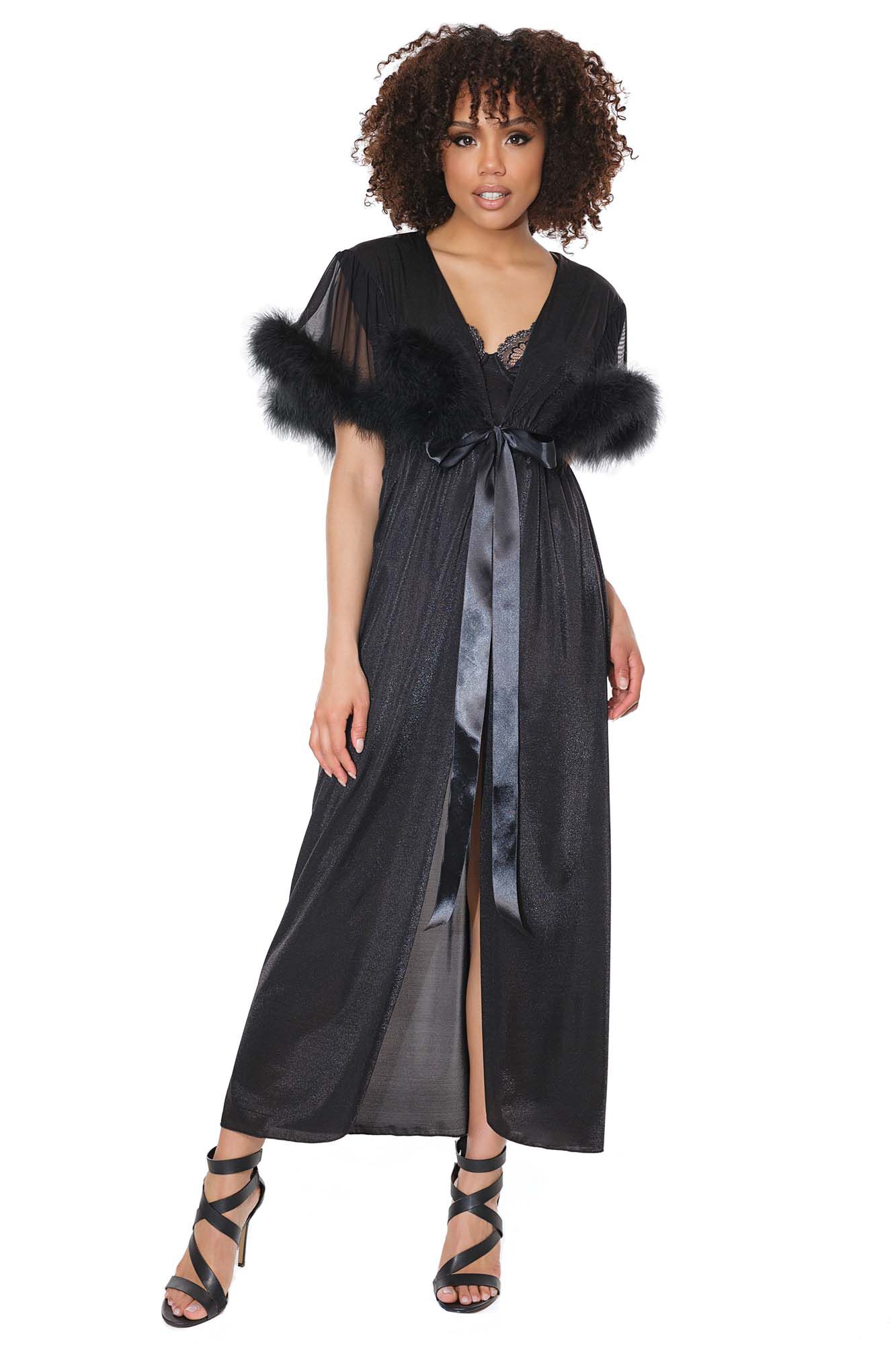 Faux Marabou Trimmed Robe, Black / black, hi-res image number 0