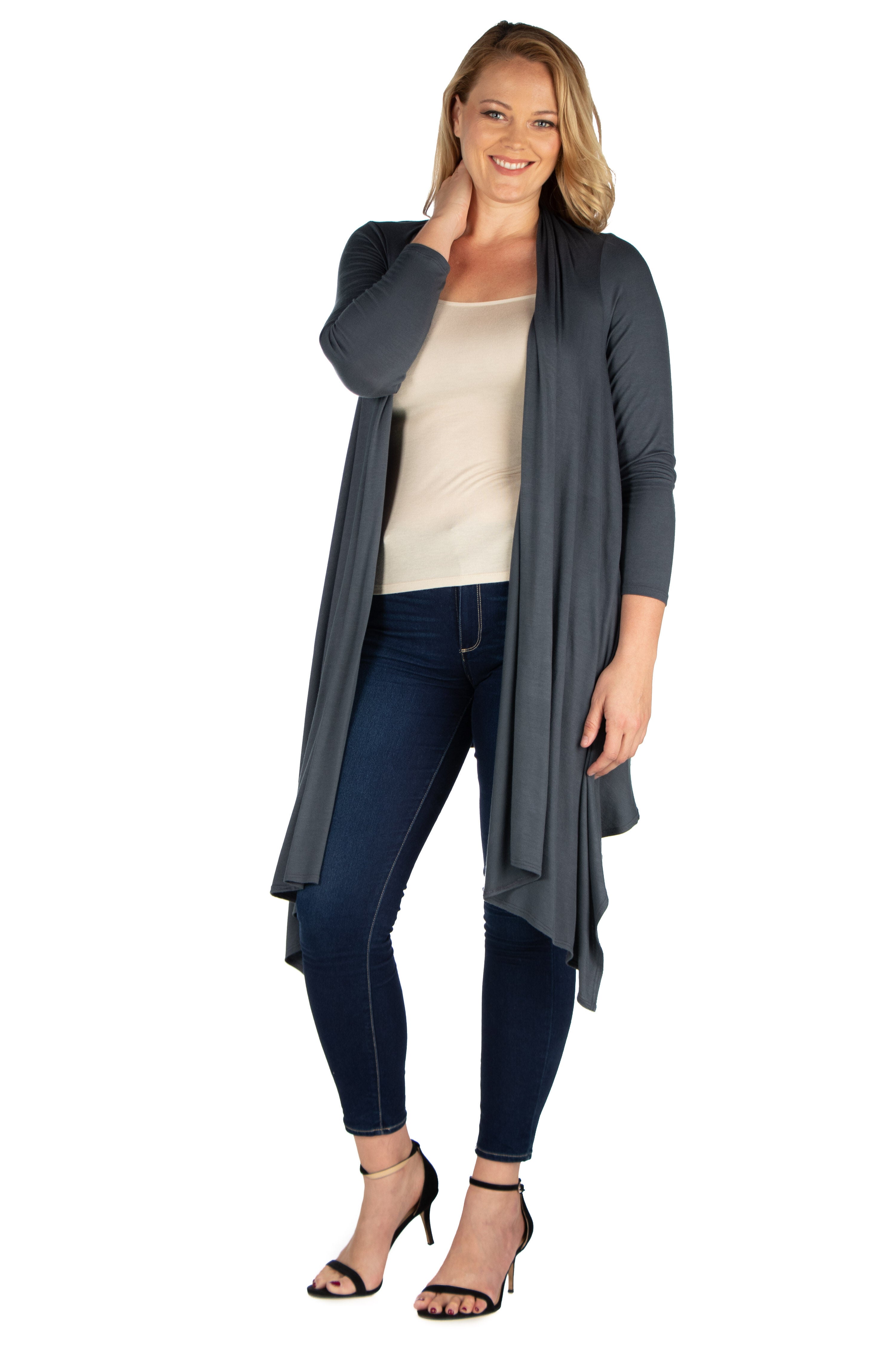 Extra Long Open Front Plus Size Cardigan, Charcoal, hi-res image number 0