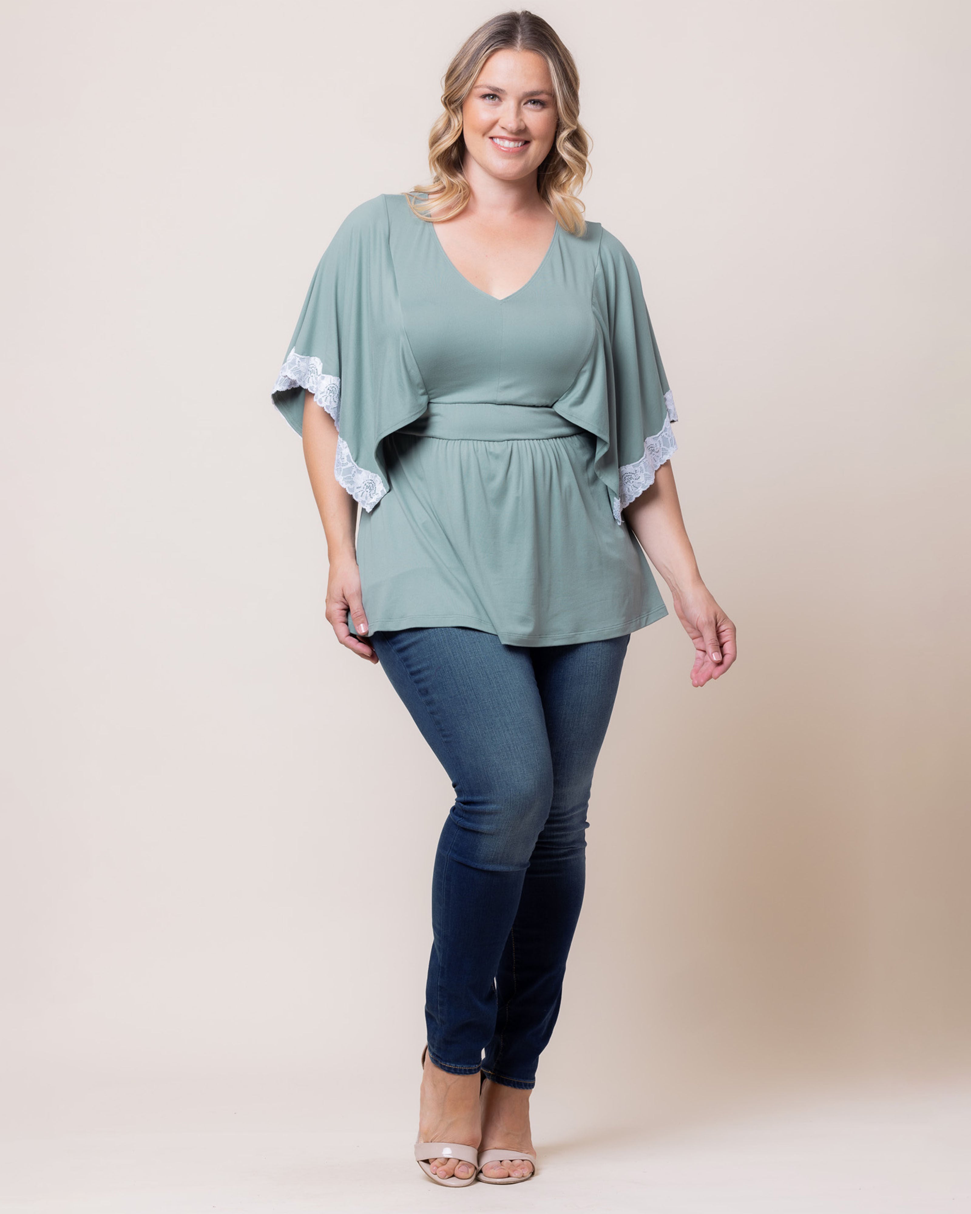 Sarah Lace Trim V-Neck Top, THYME / Sage Green, alternate image number 4