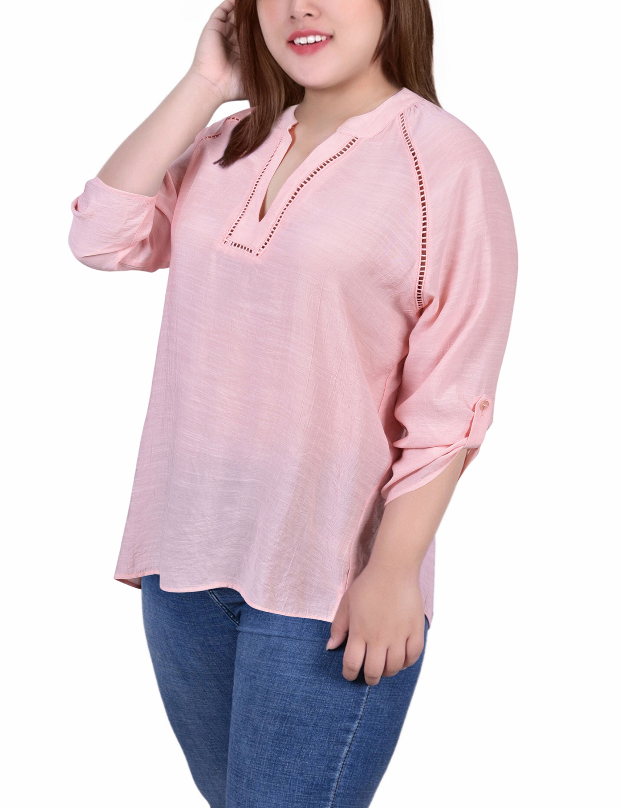 Raglan Sleeve Split Neck Blouse, Shell Pink, alternate image number 1