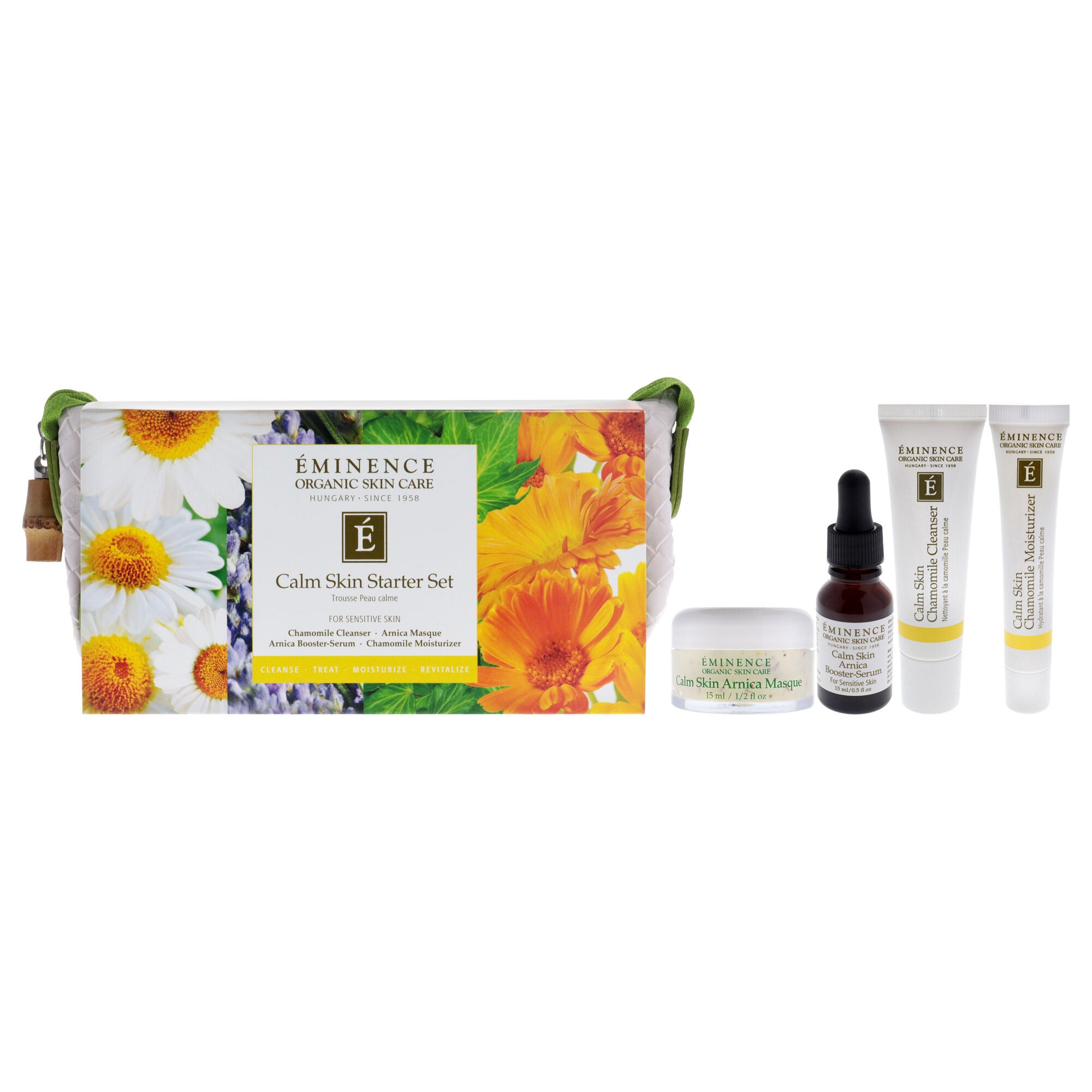 Calm Skin Starter Set by Eminence for Unisex - 5 Pc 1oz Calm Skin Chamomile Cleanser, 0.5oz Calm Skin Chamomile Moisturizer, 0.5oz Calm Skin Arnica Masque, 0.5oz Calm Skin Arnica Booster-Serum, Cosmetic Bag, White, hi-res image number 0
