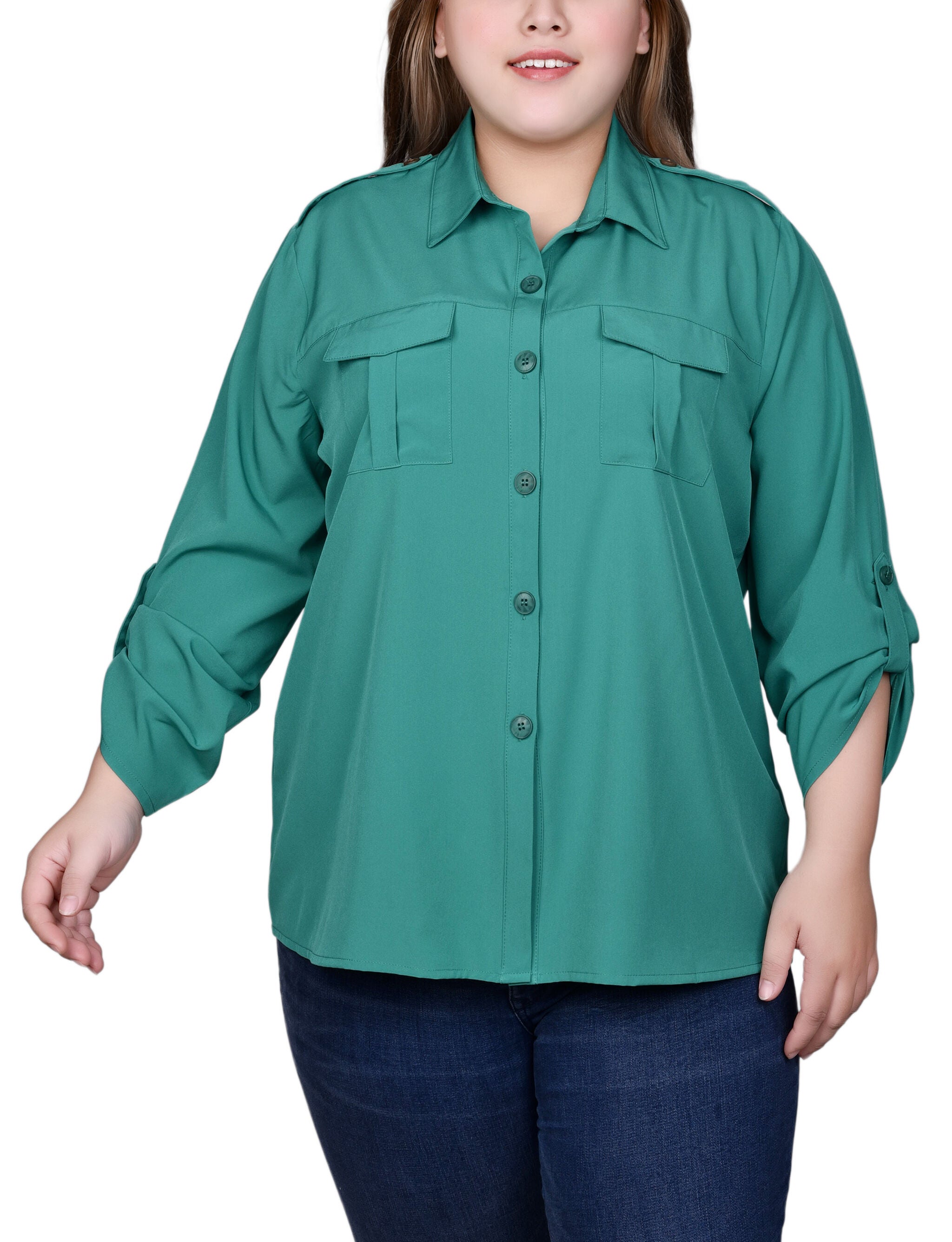 3/4 Sleeve Roll Tab Blouse, Jelly Bean, hi-res image number 0