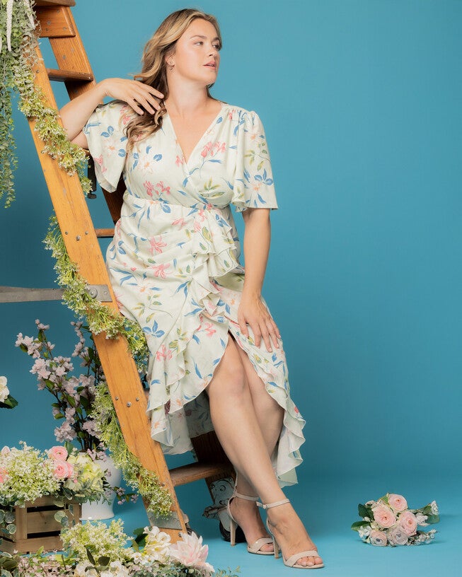 Alexandra Ruffle Faux Wrap Gown, LUSH LILY PRINT / Light Green, alternate image number 4