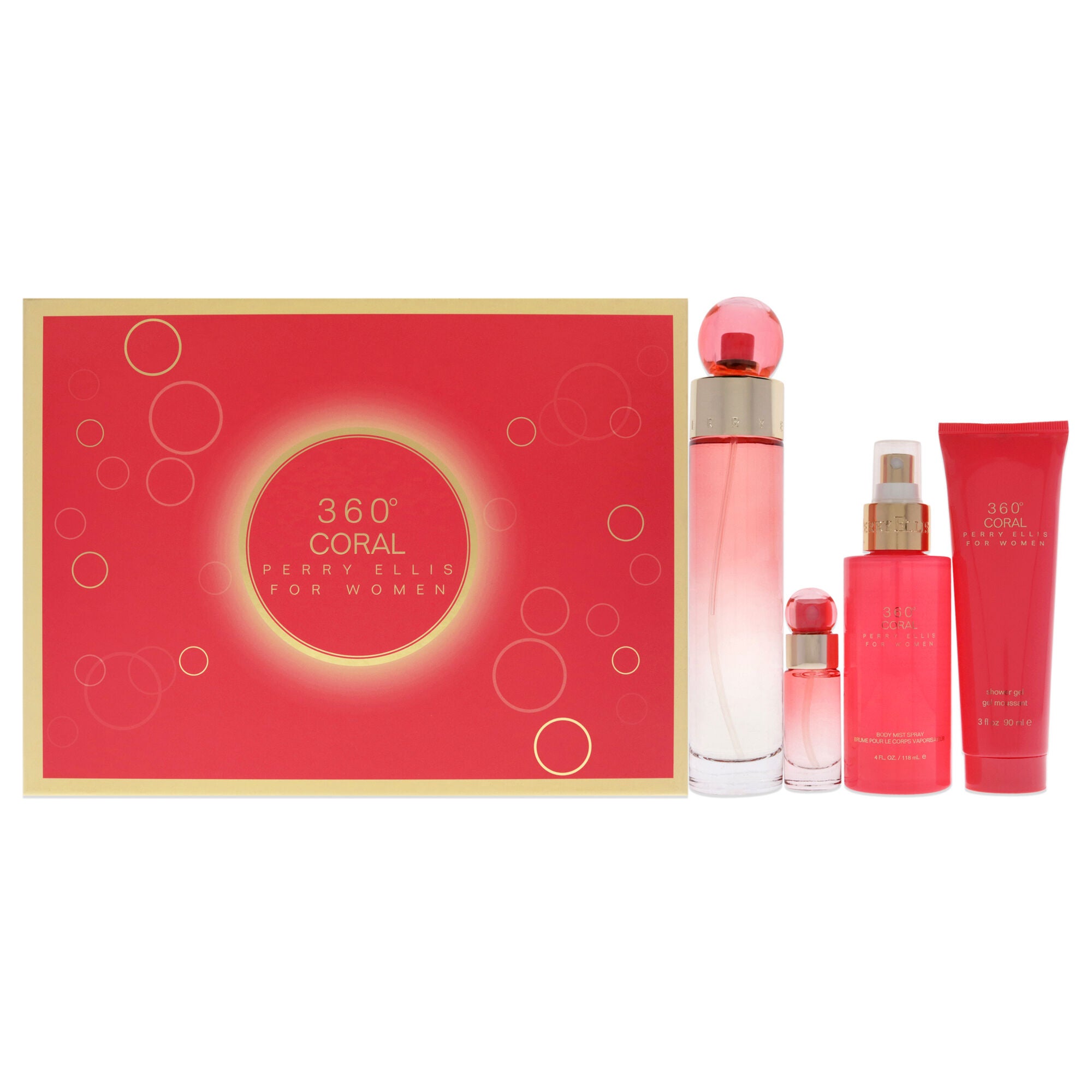 360 Coral by Perry Ellis for Women - 4 Pc Gift Set 3.4oz EDP Spray, 4oz Body Mist, 3oz Shower Gel, 0.25oz EDP Spray, See Description, hi-res image number 0
