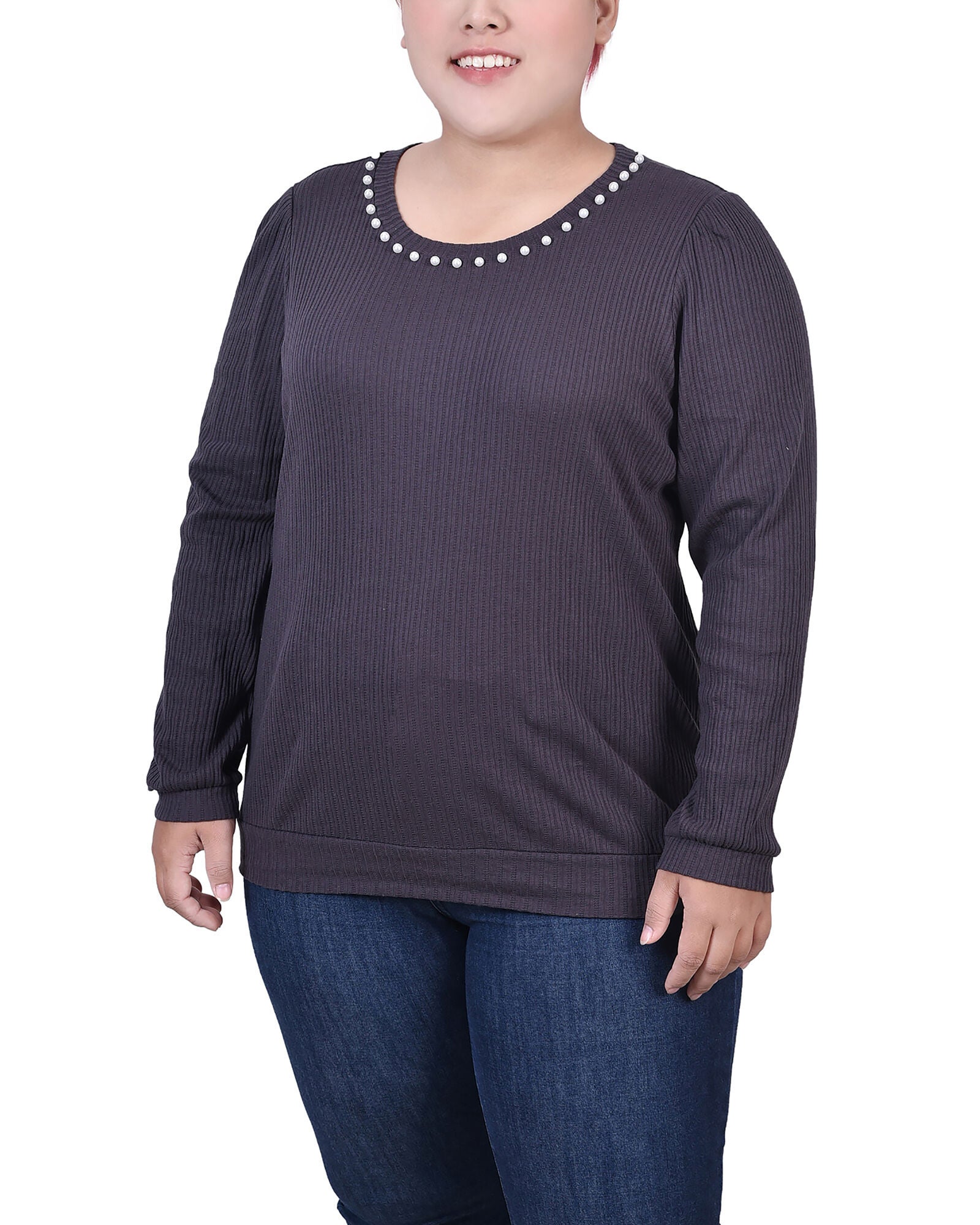 Long Sleeve Ribbed Pearl Trimmed Top, Charcoal, hi-res image number 0