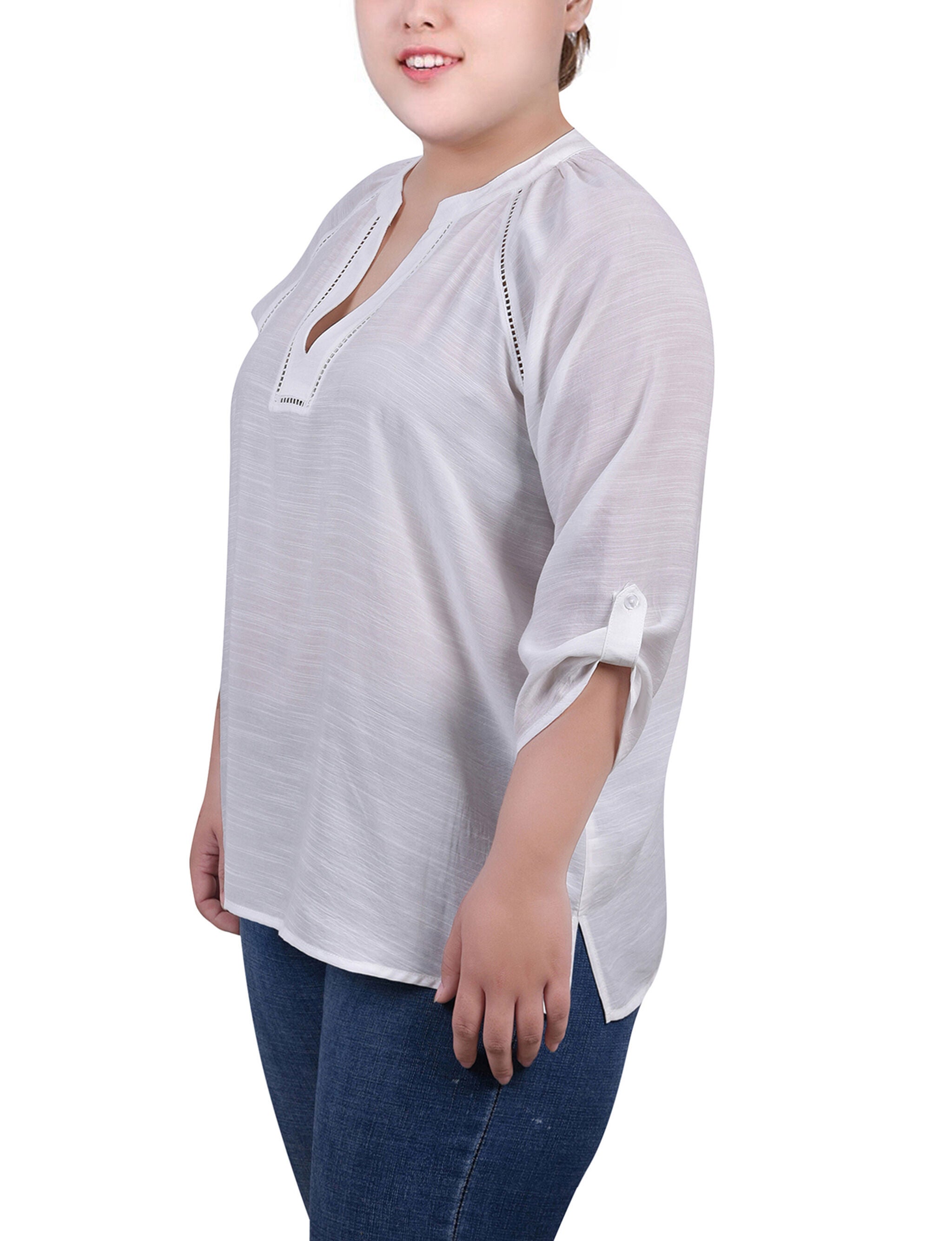 Raglan Sleeve Split Neck Blouse, White, alternate image number 1