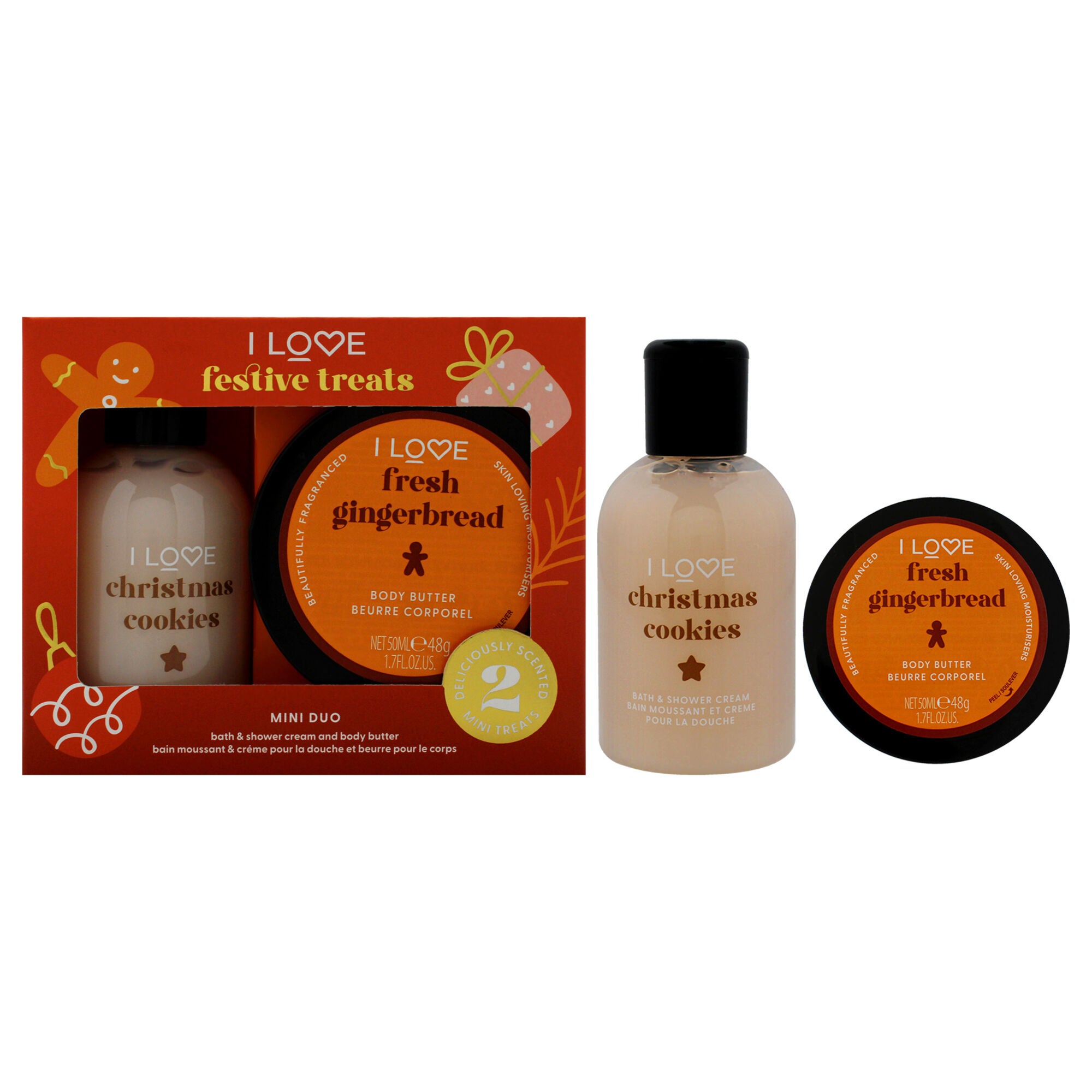 I Love Festive Treat Mini Duo by I Love Cosmetics for Unisex - 2 Pc 3.3oz Christmas Cookie Bath and Shower Creme, 1.7oz Fresh Gingerbread Body Butter, See Description, hi-res image number 0