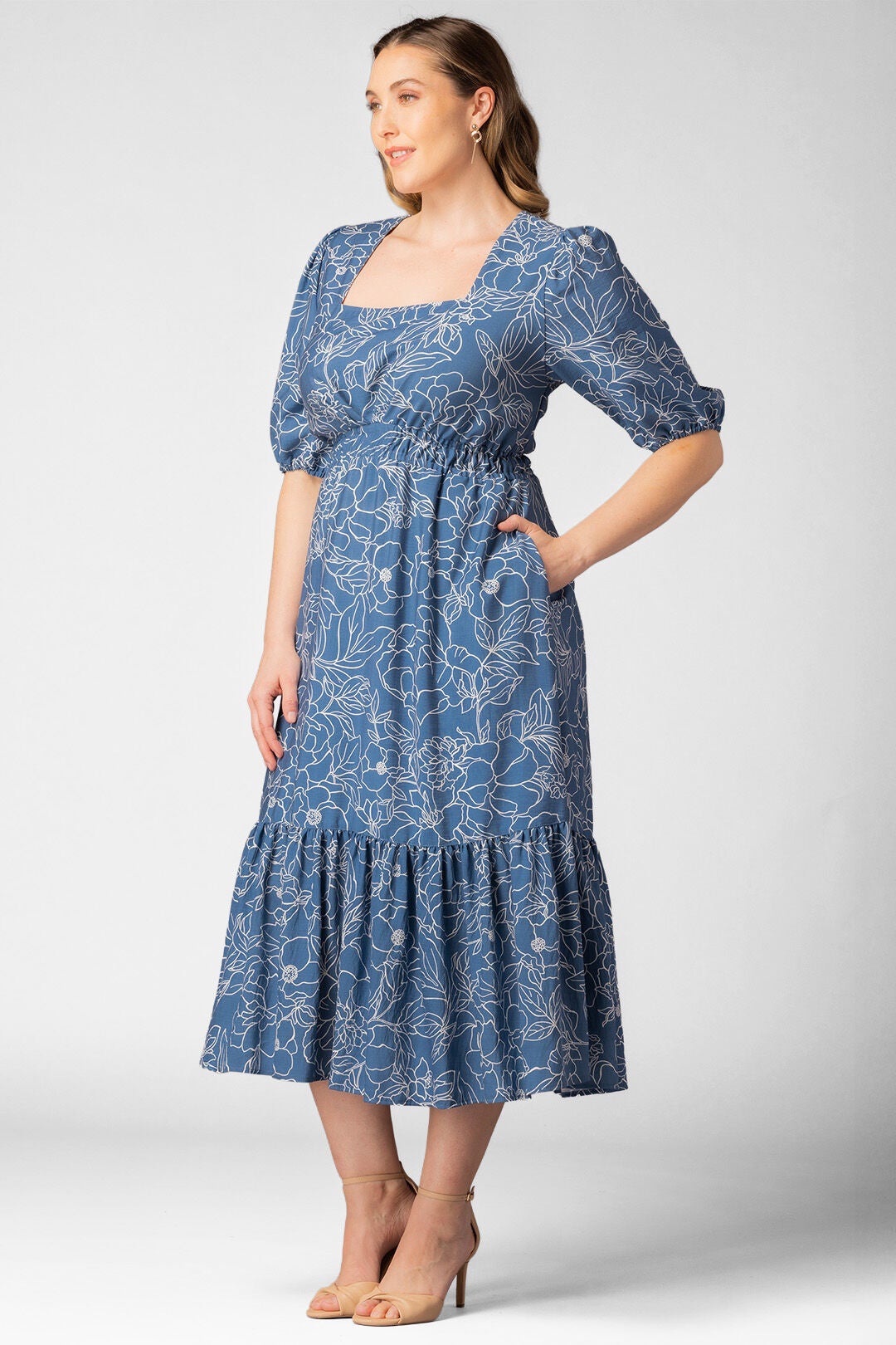 Bailey Square Neck Midi Dress, Blue Floral Print / Light Blue, alternate image number 3