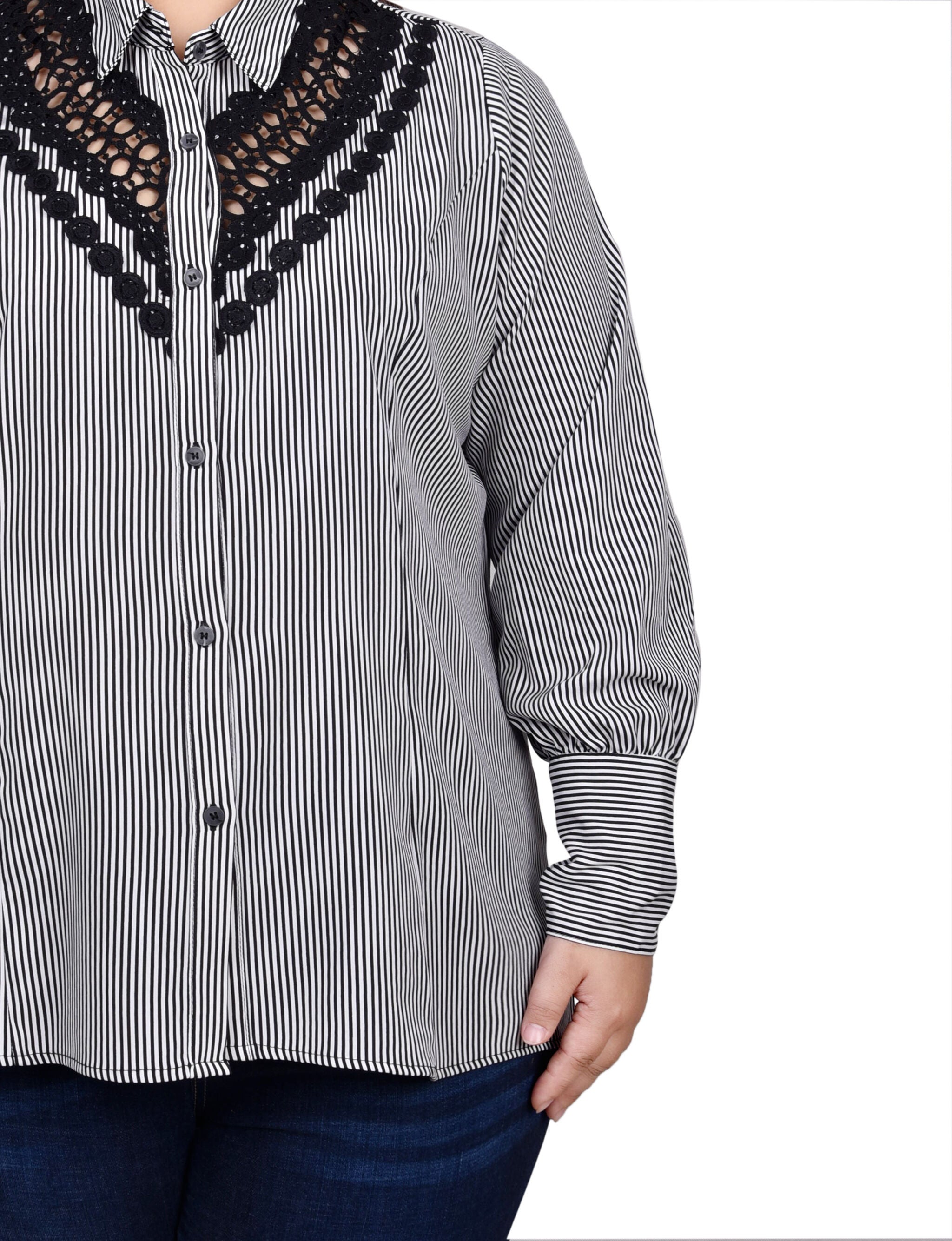 Long Sleeve Crochet Trimmed Blouse, White Black Stripe / white, alternate image number 2