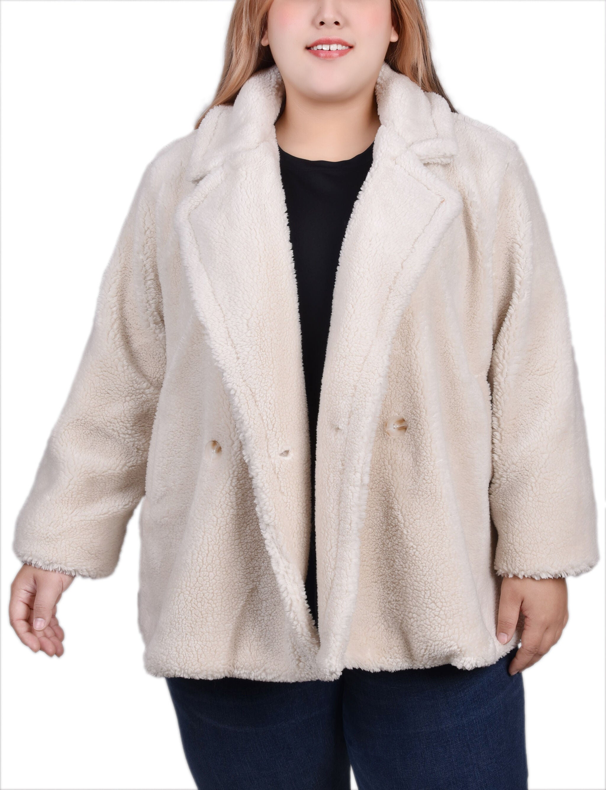 Long Sleeve Double Breasted Sherpa Jacket, Eggnog / blue, hi-res image number 0