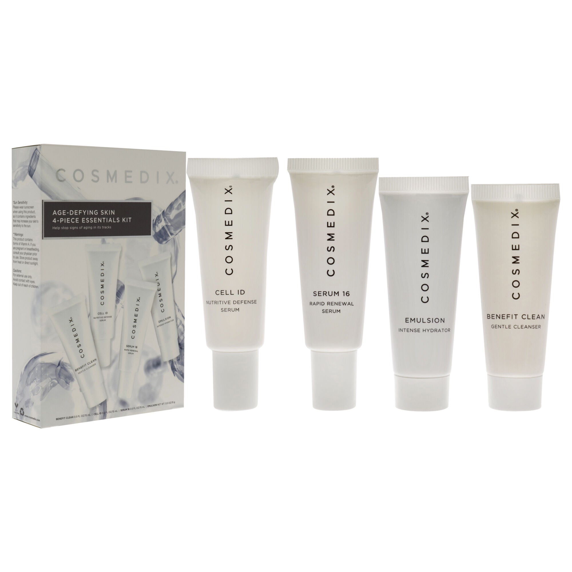 Age-Defying Skin Essentials Kit by Cosmedix for Unisex - 4 Pc 0.5oz Benefit Clean, 0.5oz Cell ID, 0.5oz Serum 16, 0.5oz Emulsion, See Description, alternate image number 2