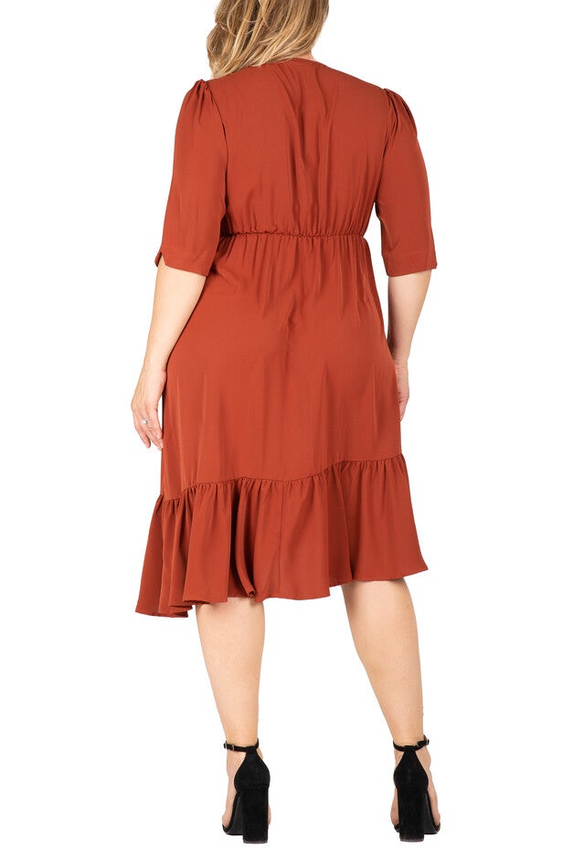 Women's Plus-size V Neck Ruched Sleeve Ruffle Hem Midi Dress, , alternate image number null