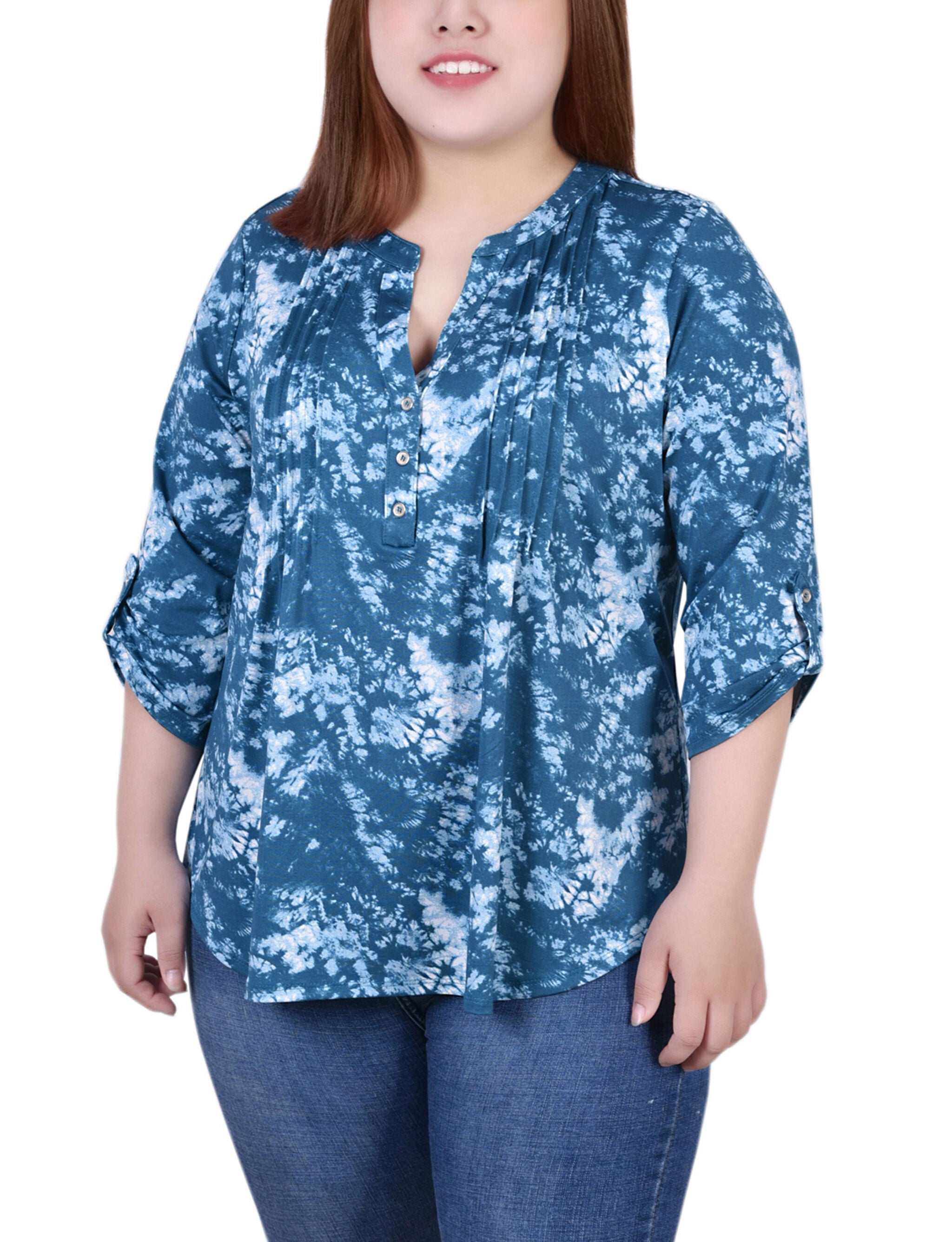 3/4 Bell Sleeve Pleat Front Y Neck Top, Peacock Blue Tiedye, hi-res image number 0