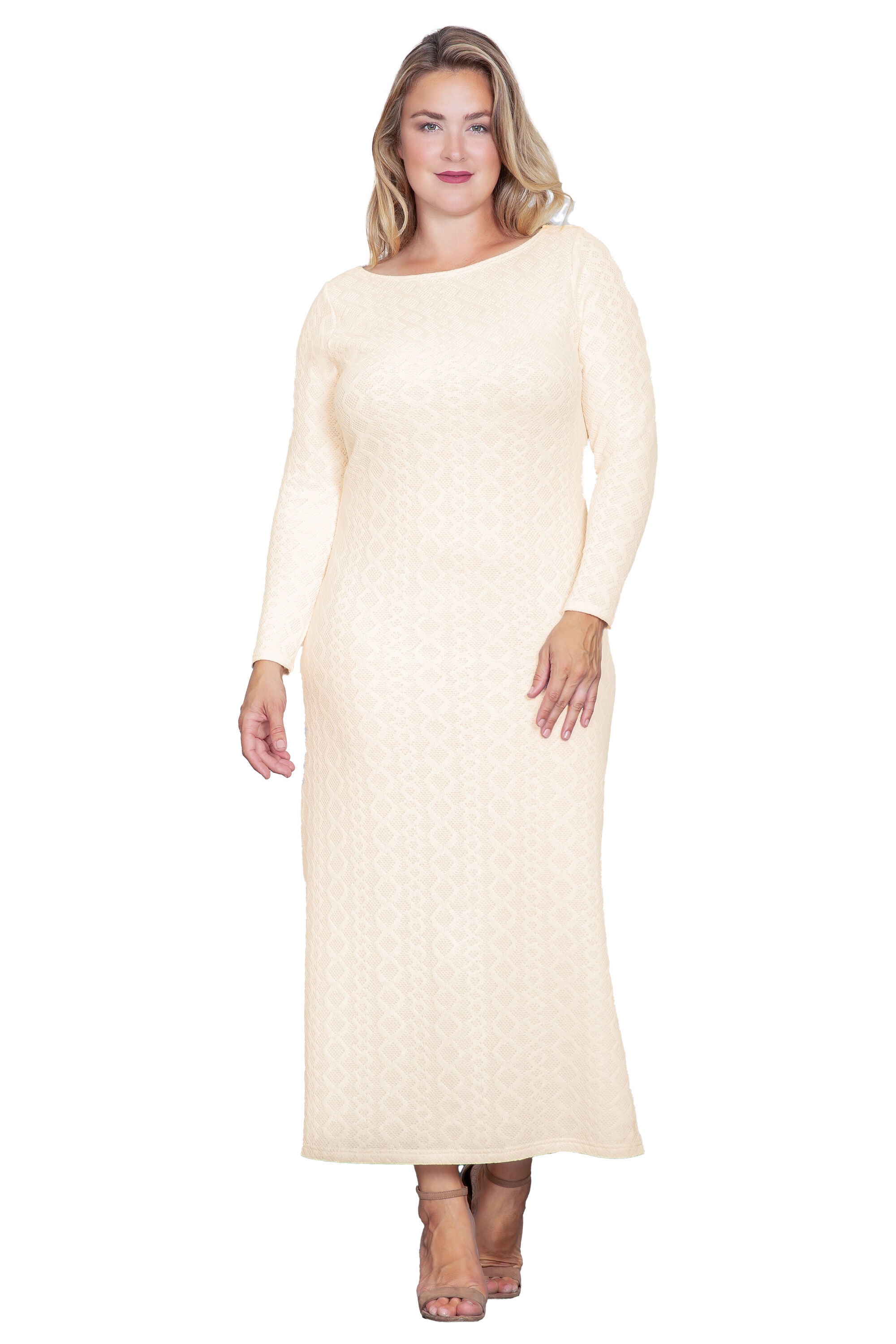 Ivory Knit Boat Neck Crochet Maxi Dress, Ivory / Ivory, hi-res image number 0