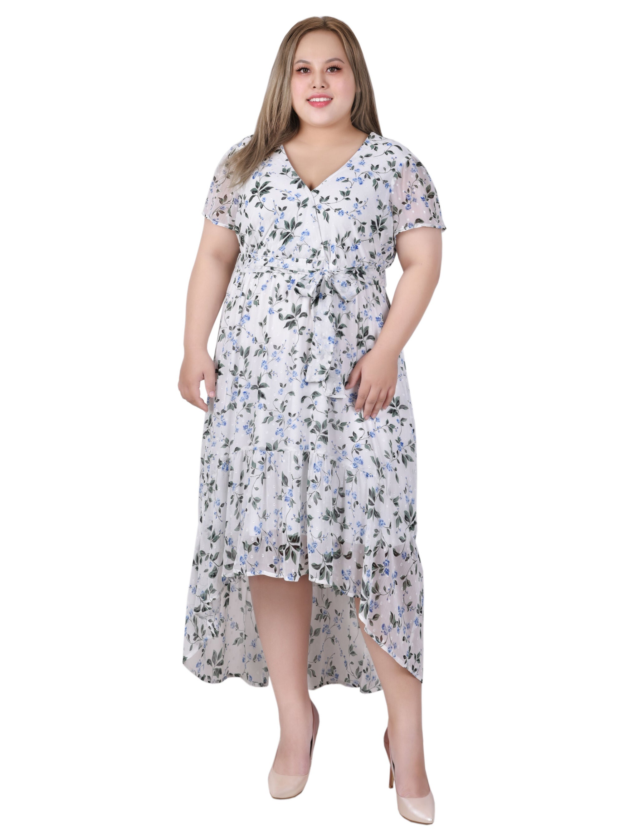 Short Sleeve Hankerchief Hem Chiffon Dress, Ivory Blue Floral, hi-res image number 0