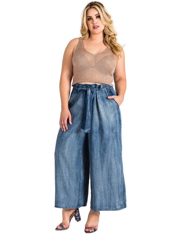 Plus Size Sophi Tencel Denim Cropped Palazzo Pants, Blue 3091 / Medium Wash, alternate image number 1