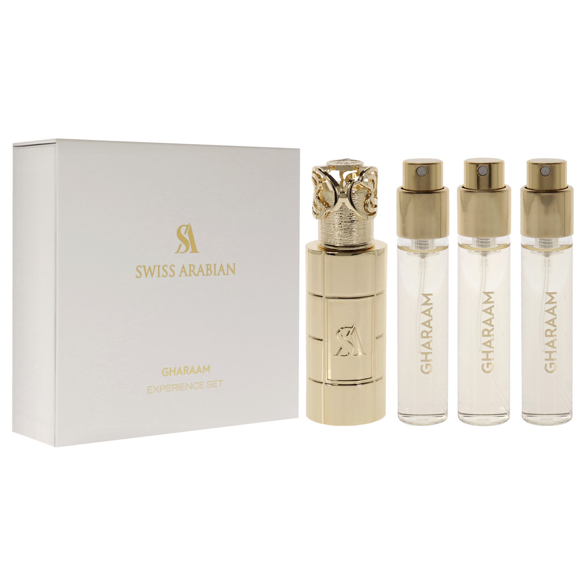 Gharaam by Swiss Arabian for Unisex - 4 Pc Mini Gift Set 3 x 10ml Perfume Spray, 1 Metal Case, See Description, alternate image number 1