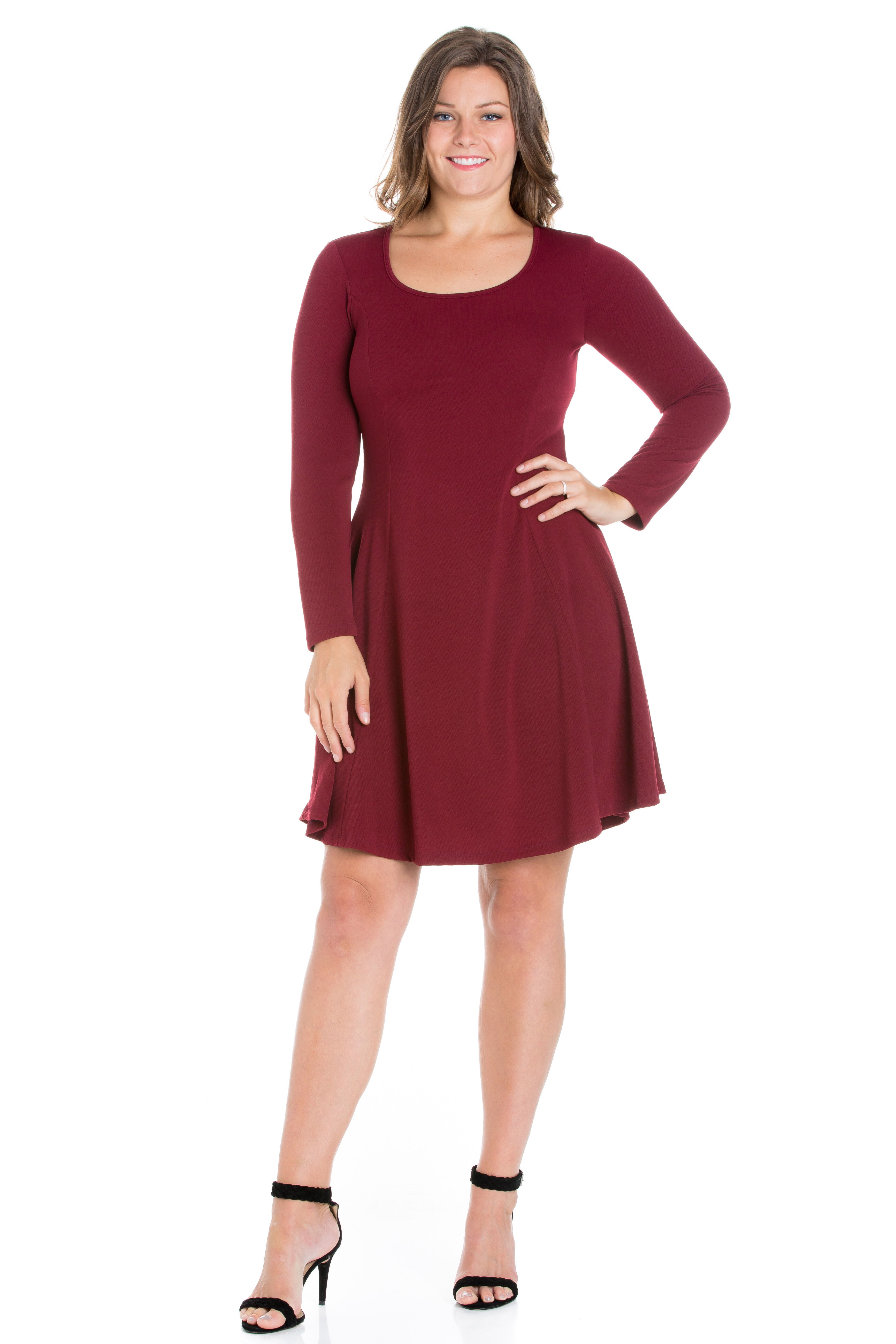 Long Sleeve Knee Length Plus Size Skater Dress OneStopPlus