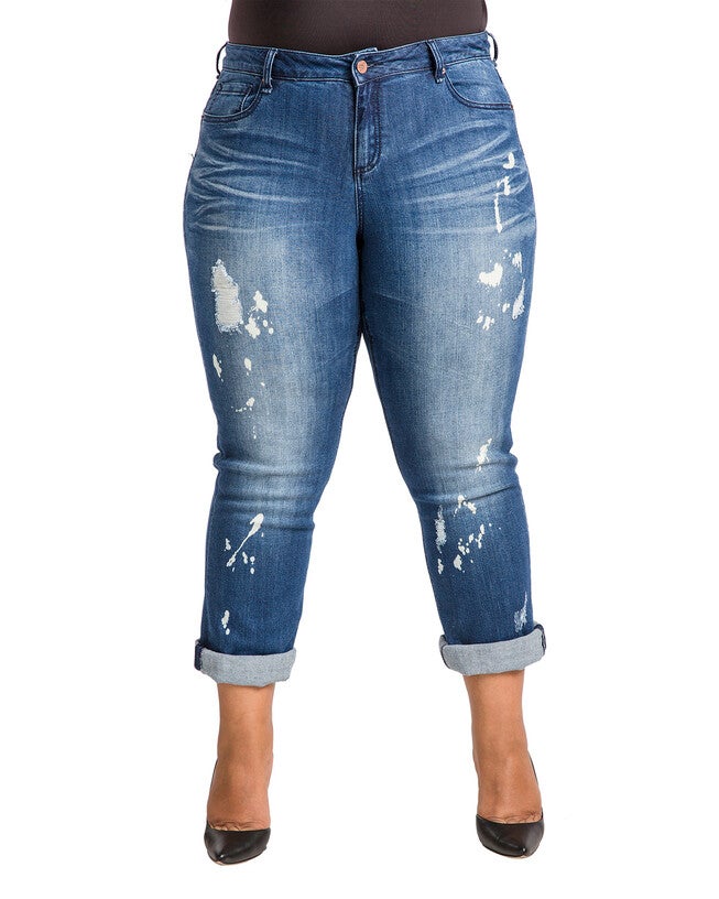 Plus Size Verla Boyfriend Jeans In Hurricane Wash W Bleach Spots & Rolled Cuffs, , alternate image number 8