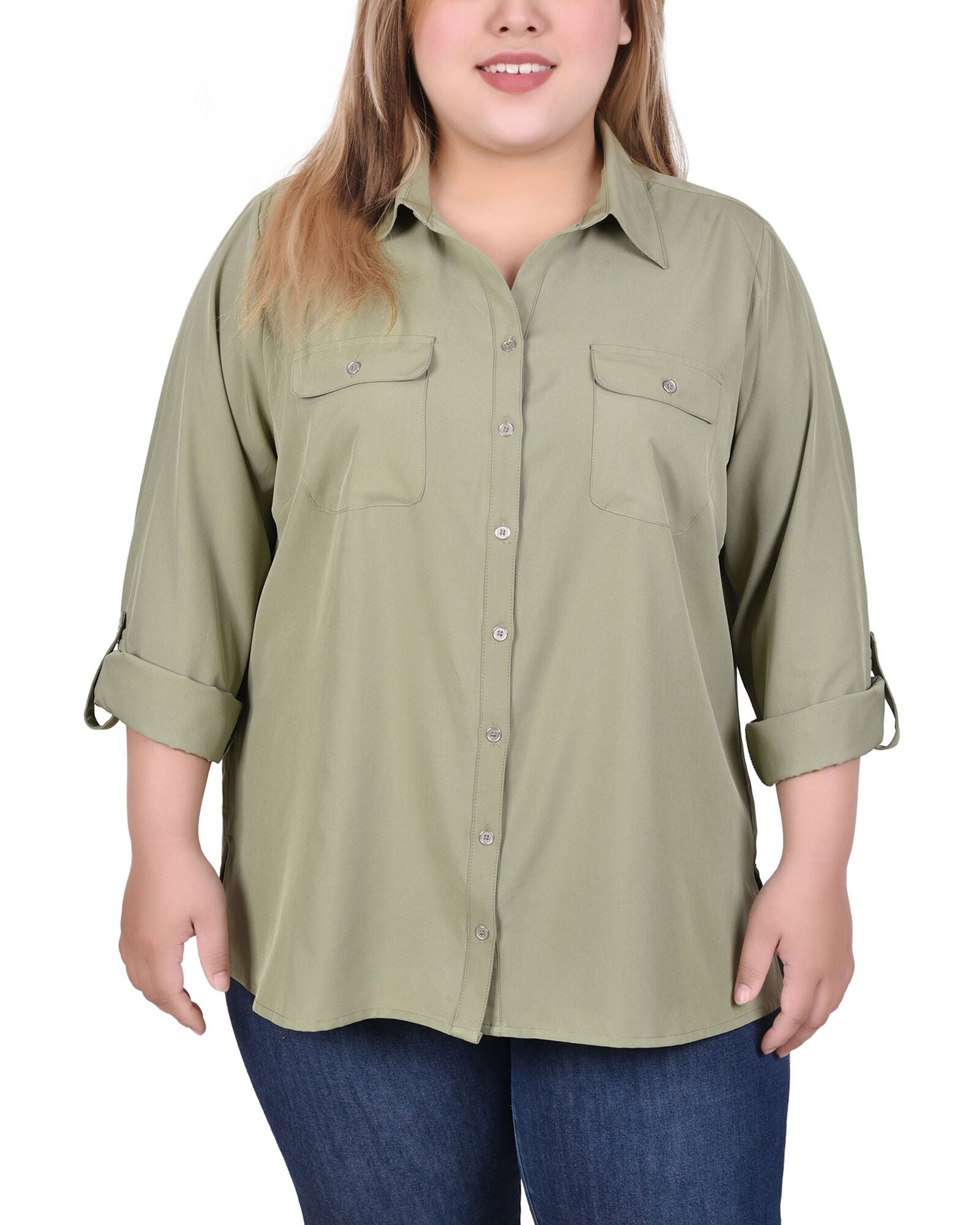 3/4 Roll Tab Blouse With Pockets, Oil Green, hi-res image number 0