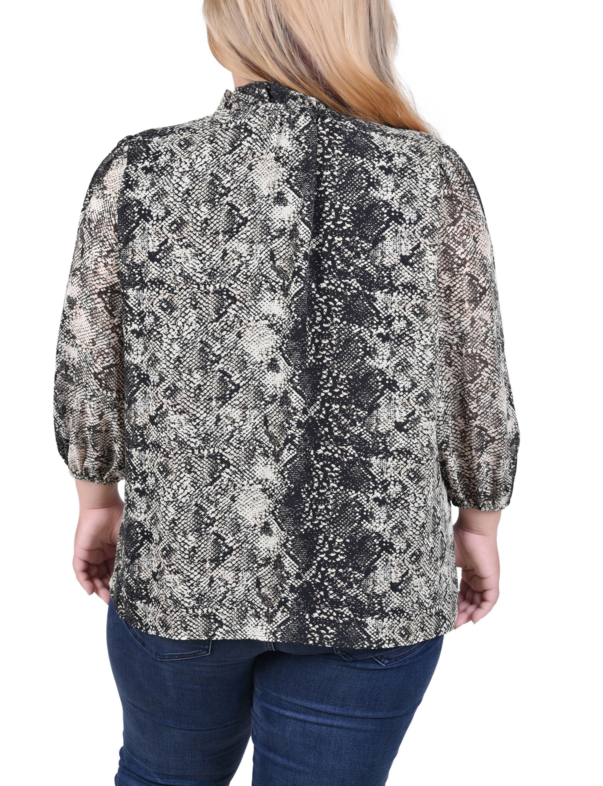 3/4 Sleeve Chiffon Blouse, Black Snakeskin, alternate image number 1