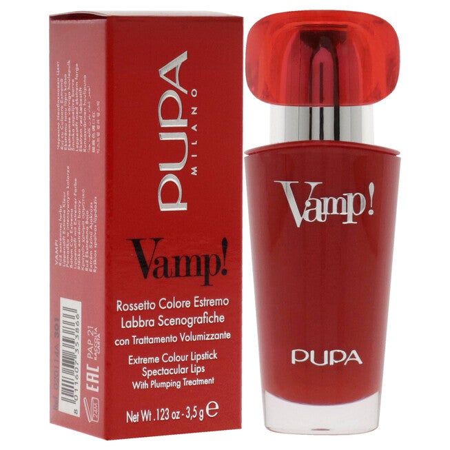 Vamp! Extreme Colour Lipstick with Plumping Treatment - 301 Intense Red by Pupa Milano for Women - 0.123 oz Lipstick, See Description, alternate image number 1