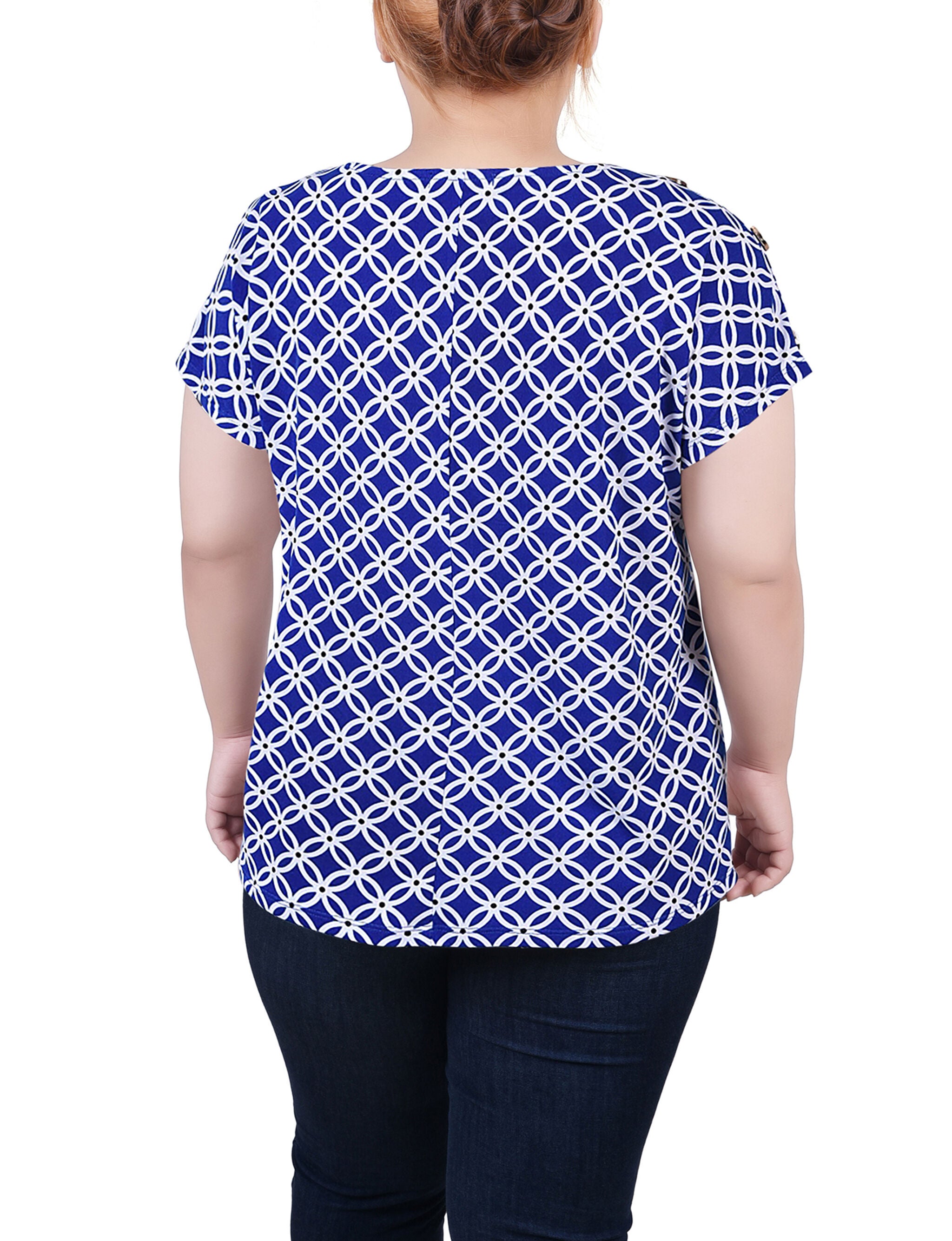 Short Extended Sleeve Top, Royal White Black Geo, alternate image number 2