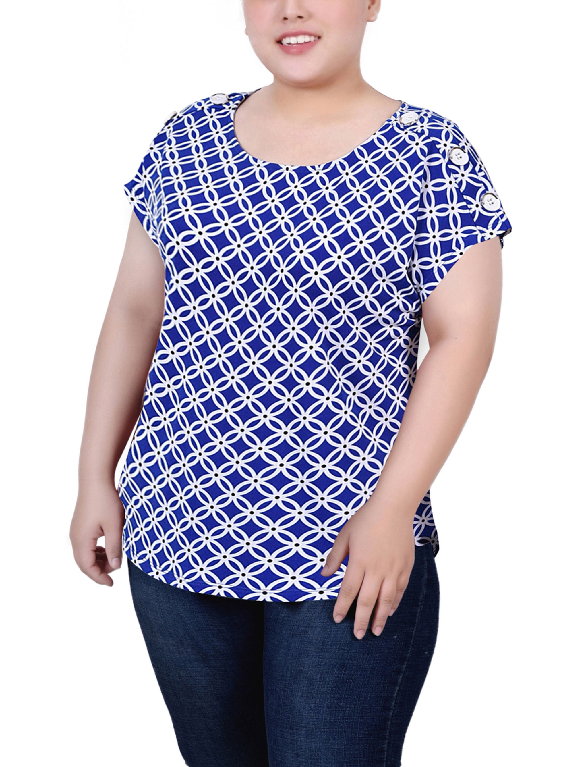 Short Extended Sleeve Top, Royal White Black Geo, hi-res image number 0