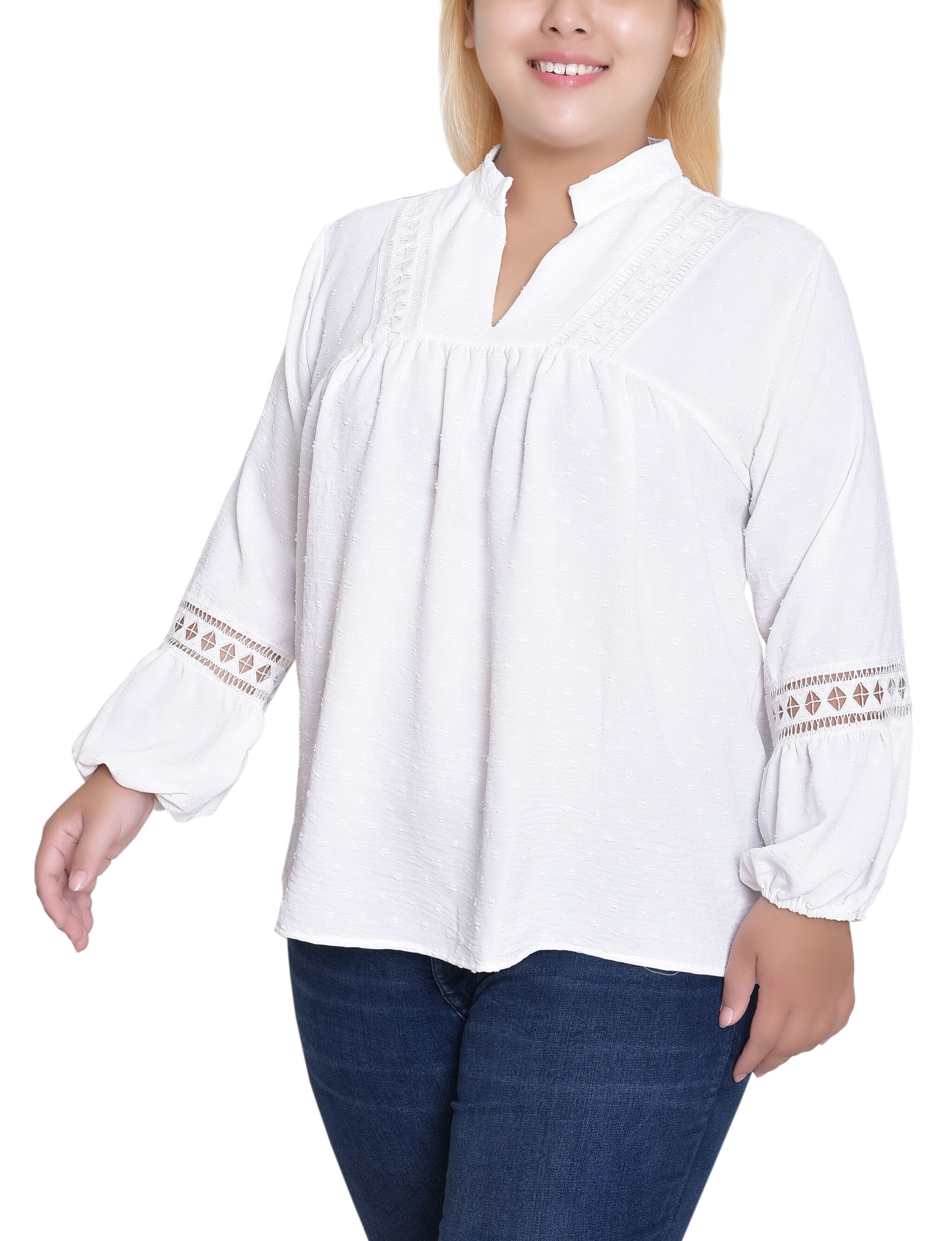 Long Sleeve Blouse With Crochet Trim, Ivory, alternate image number 1
